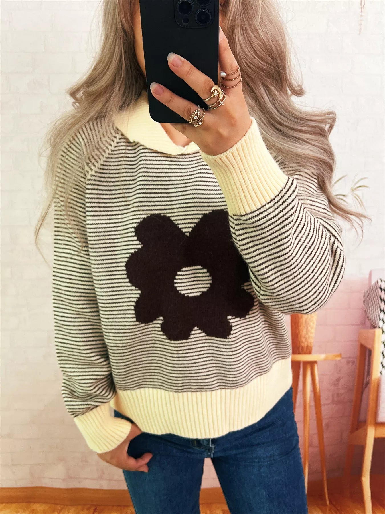 Striped Flower Raglan Sleeve Sweater