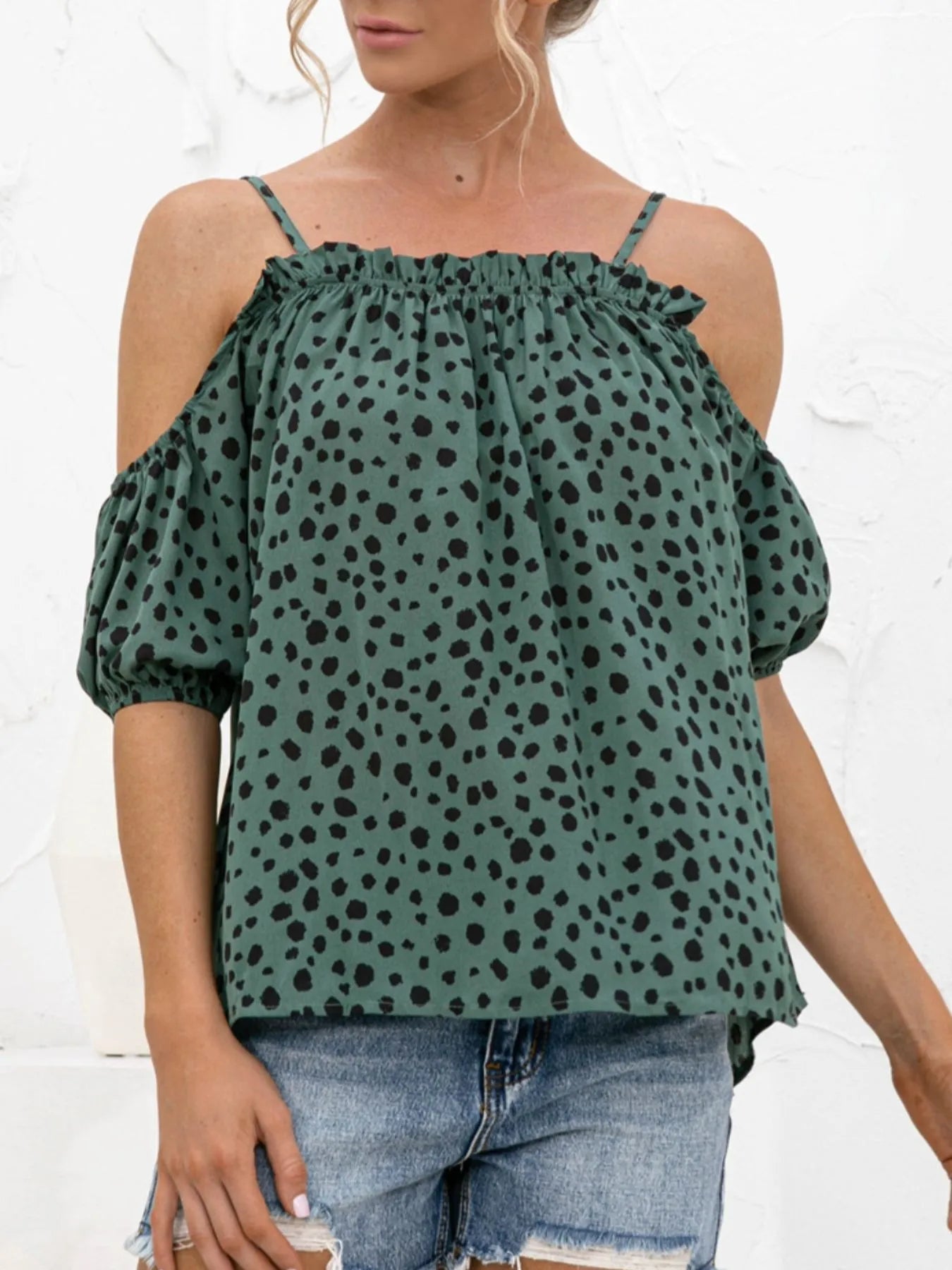 Puff Sleeve Polka Dot Ruffle Cami Top