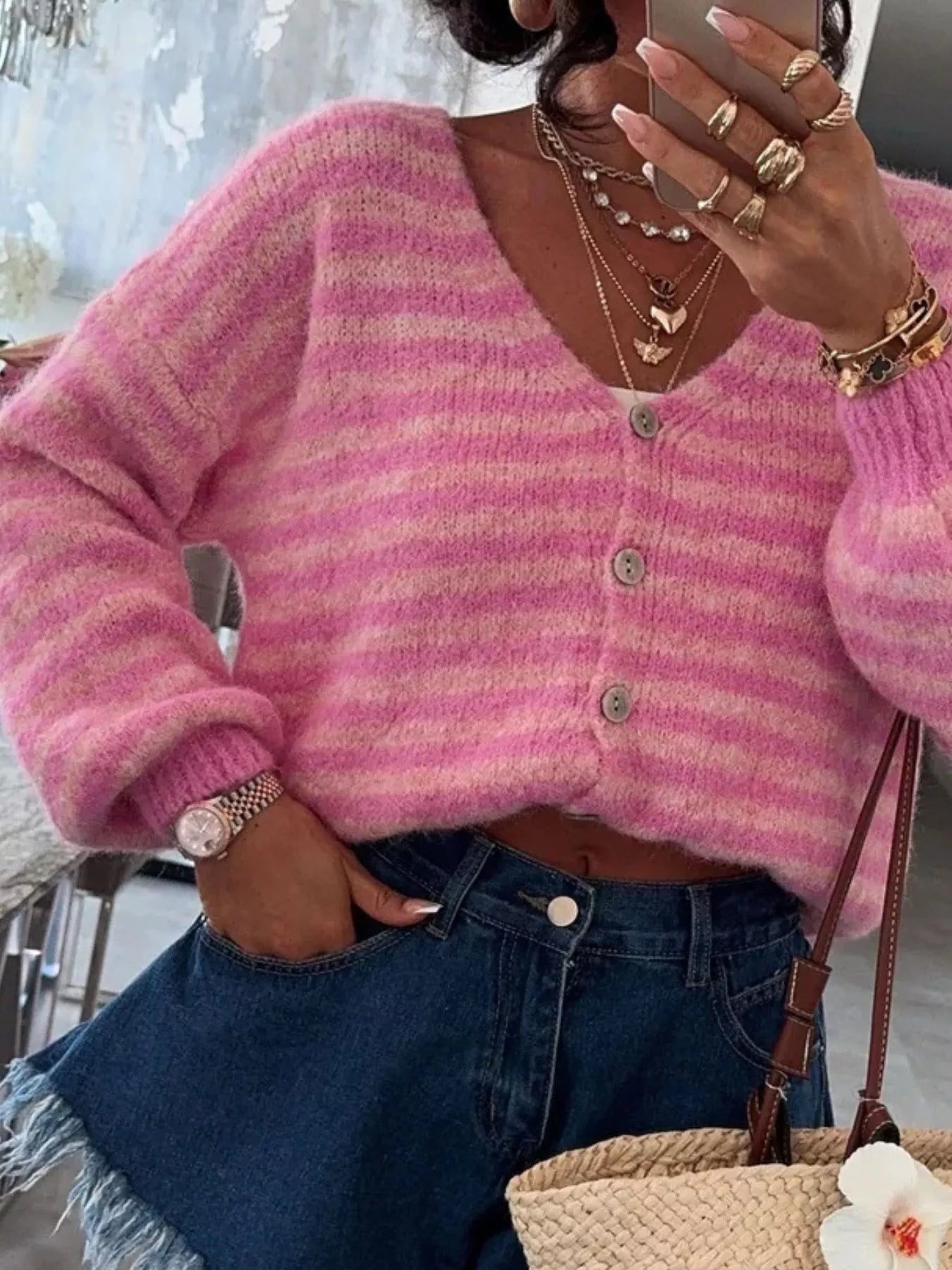 Striped Knit Button-Down Cardigan