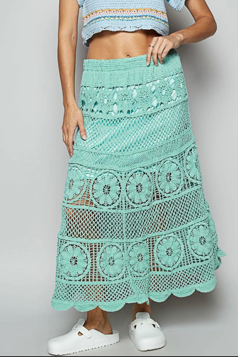 POL Lace Tiered Midi Skirt