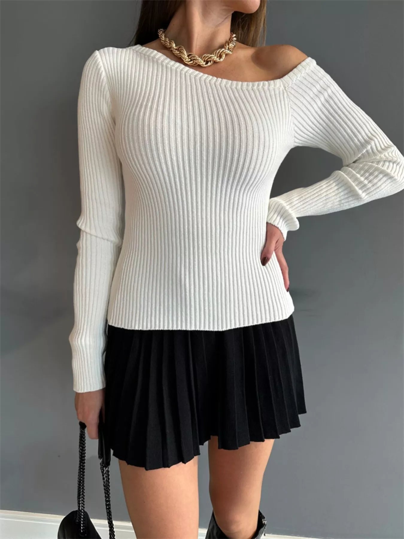 Ribbed Single Shoulder Sweater