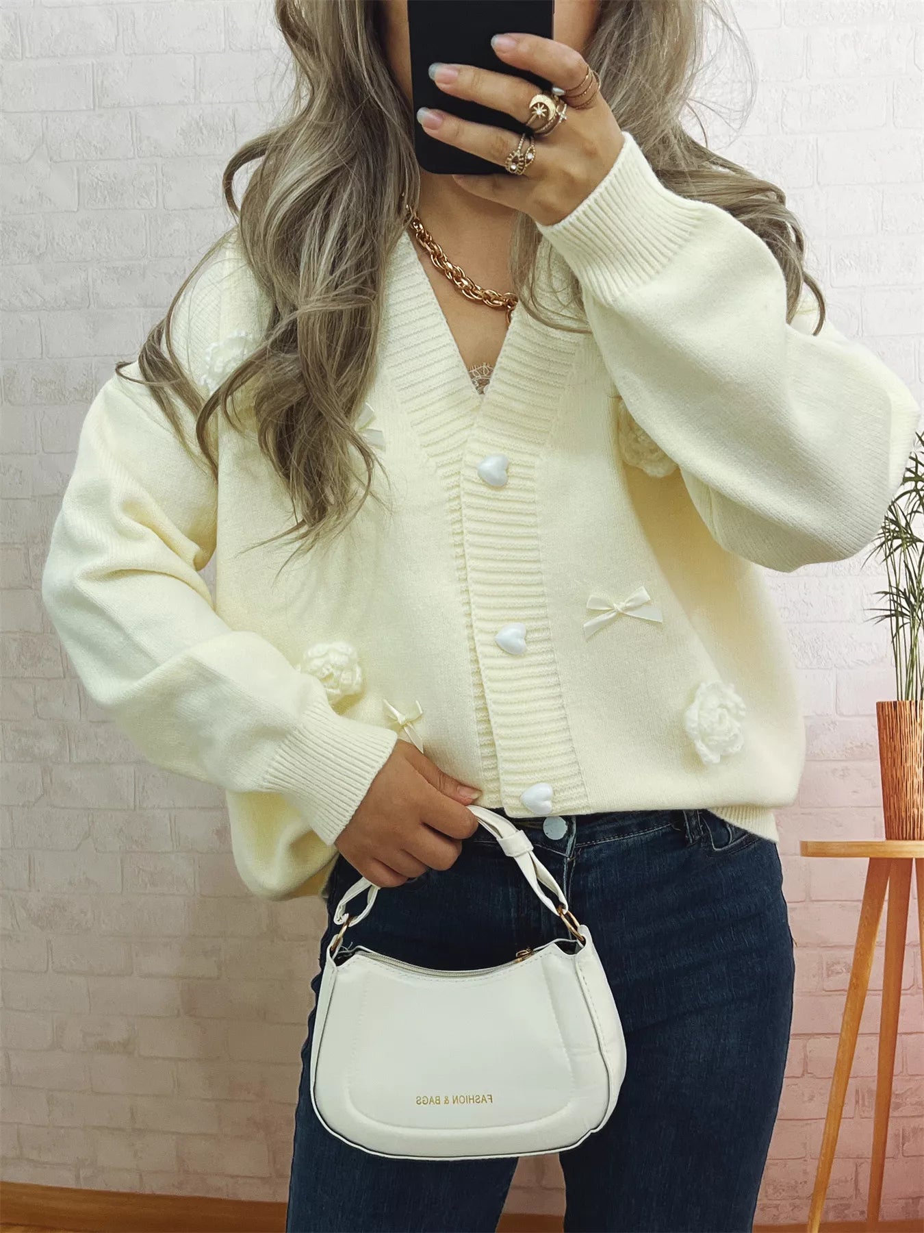 Flower Heart Button Long Sleeve Cardigan