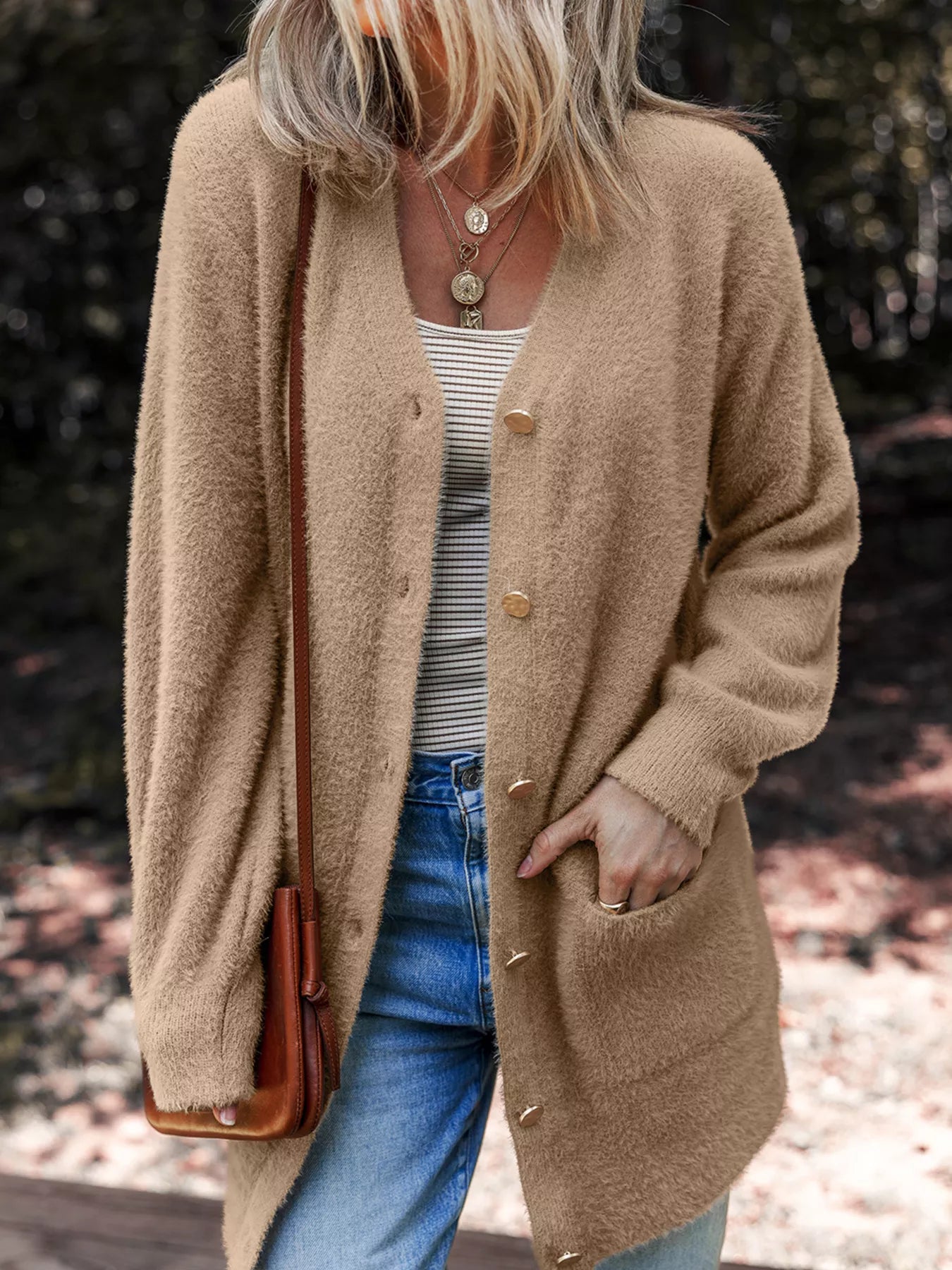 Fuzzy Buttoned Front Cardigan with Pockets