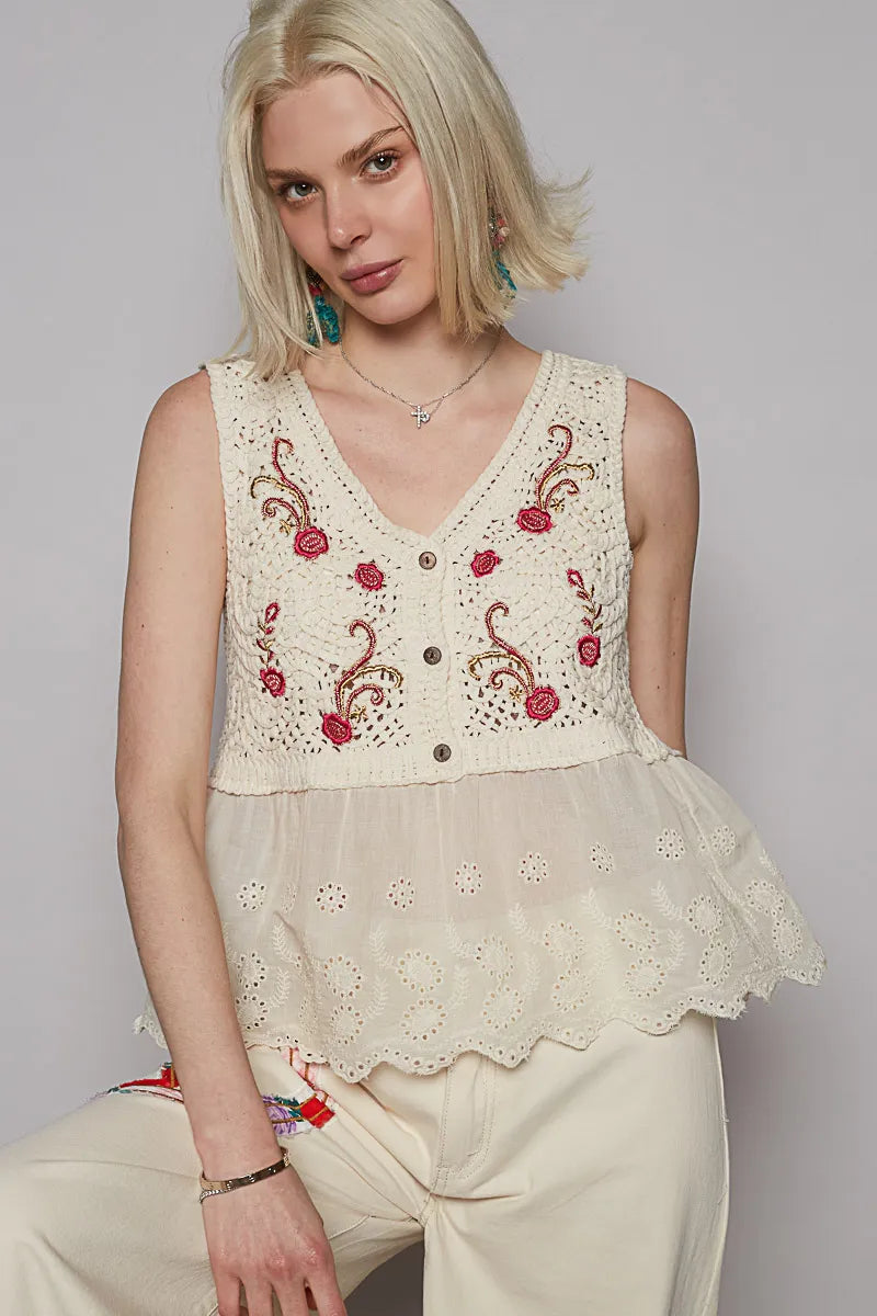 POL Embroidered Detail V-Neck Eyelet Peplum Tank