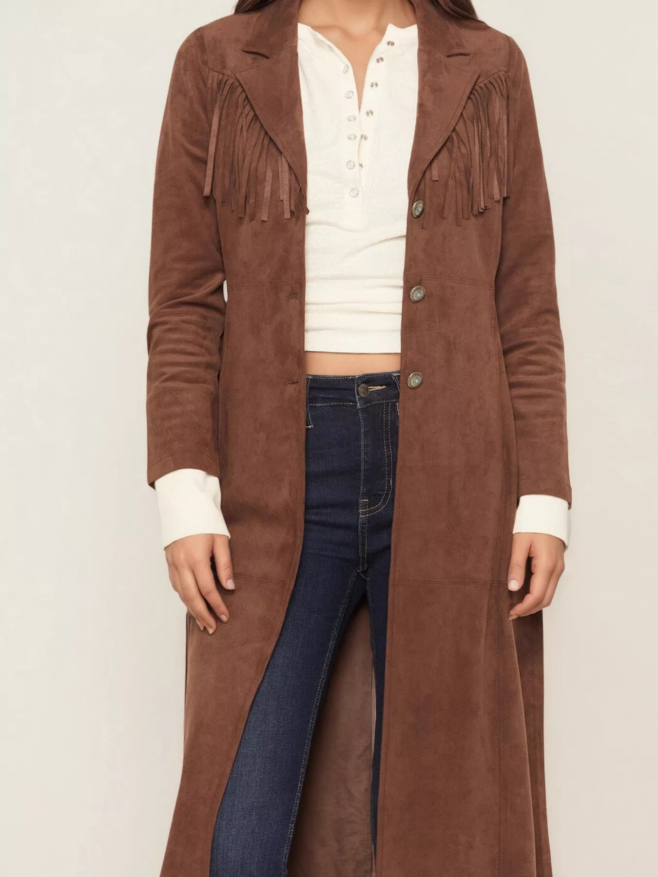 Fringe Lapel Collar Long Sleeve Coat