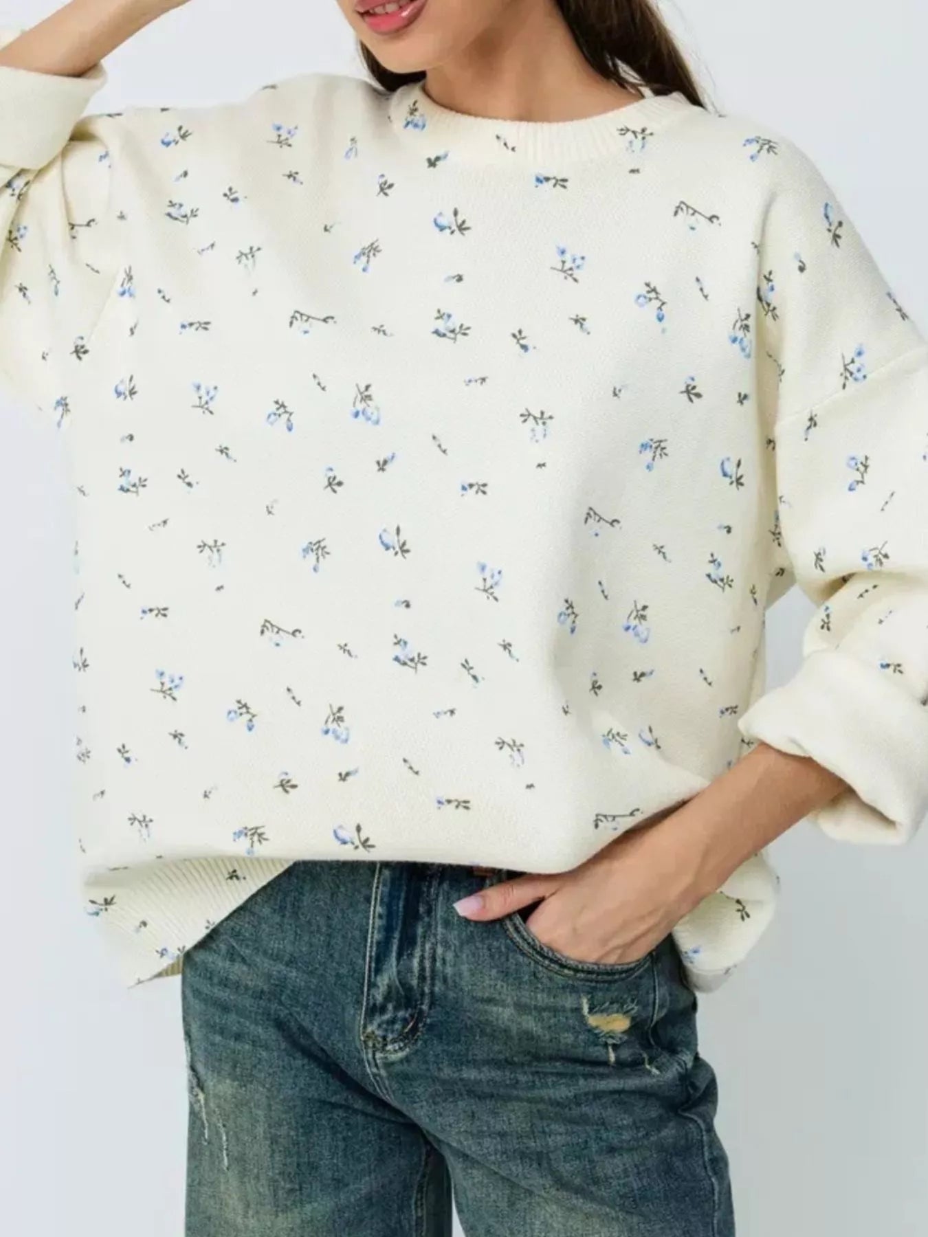 Ribbed Hem Floral Long Sleeve Sweater