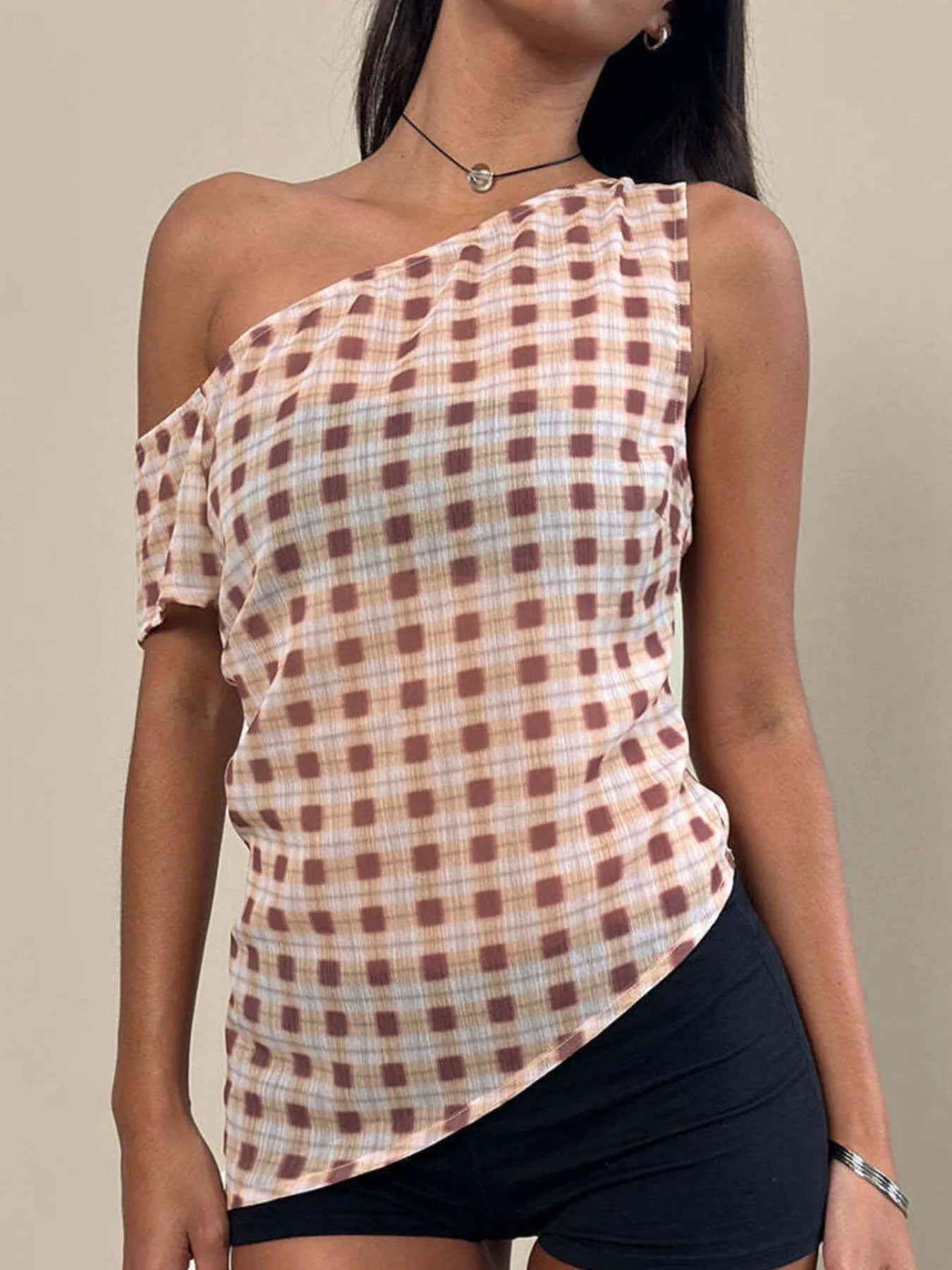 One-Shoulder Plaid Tank Top
