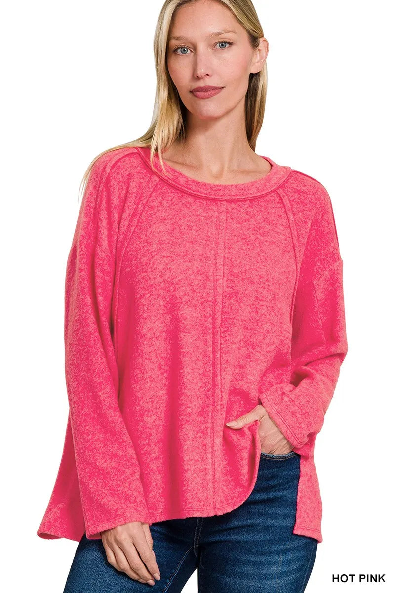 Zenana Brushed Hacci Exposed Seam Hi Low Sweater