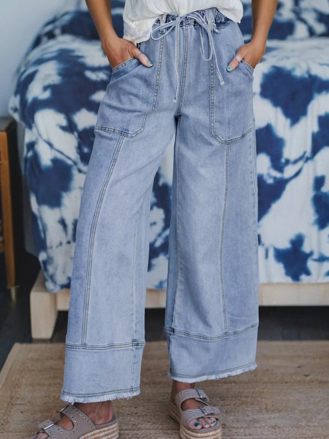 Wide Leg Drawstring Raw Hem Jeans