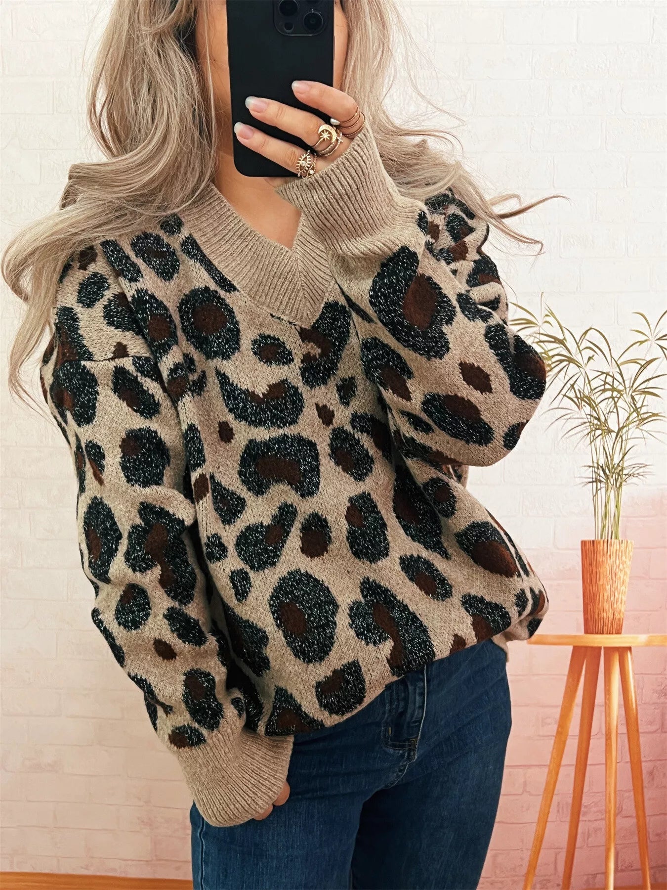 Leopard V-Neck Drop Shoulder Sweater