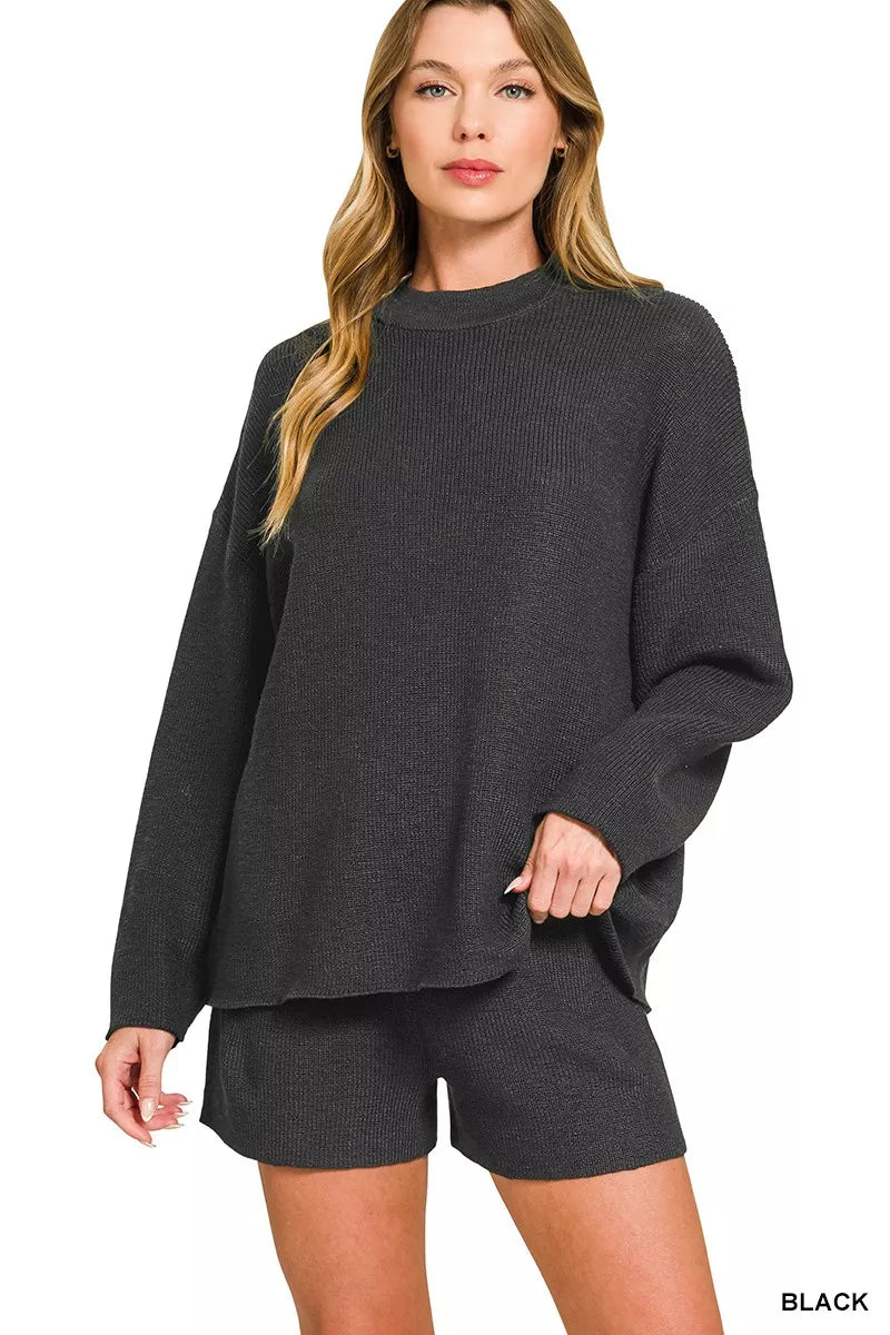 Zenana Round Neck Knit Top and Shorts Sweater Set