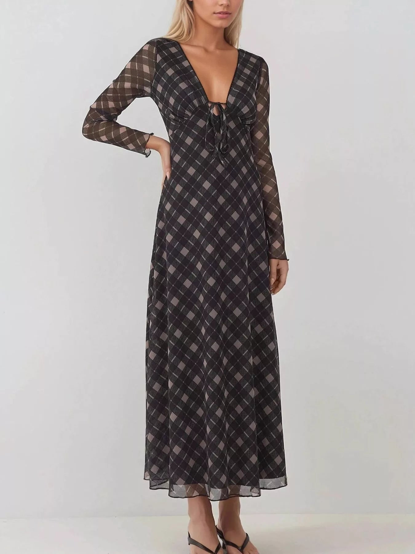 Tie Front Plaid Long Sleeve Dress