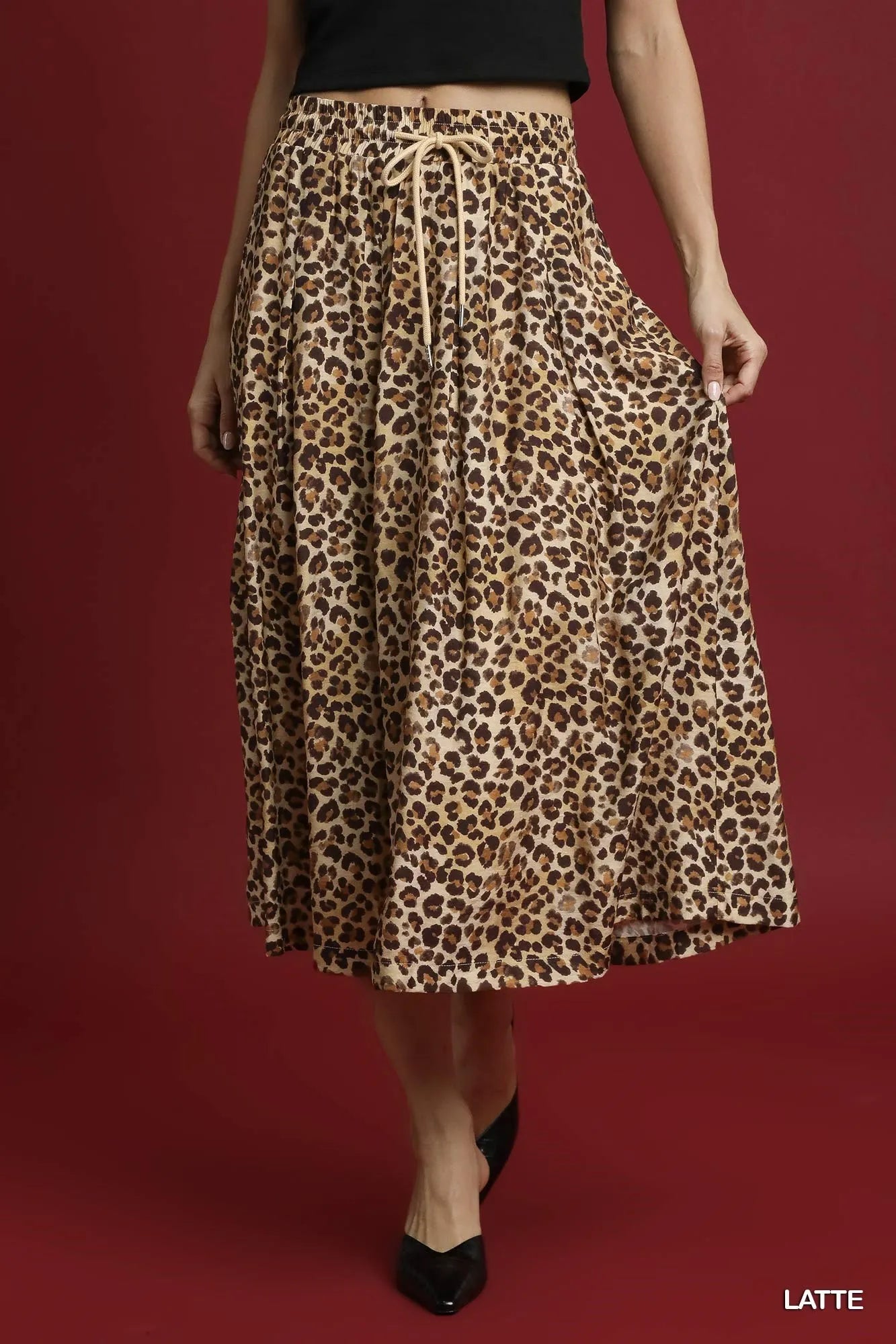 Umgee Drawstring Leopard Midi Skirt