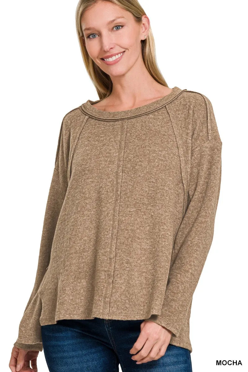 Zenana Brushed Hacci Exposed Seam Hi Low Sweater