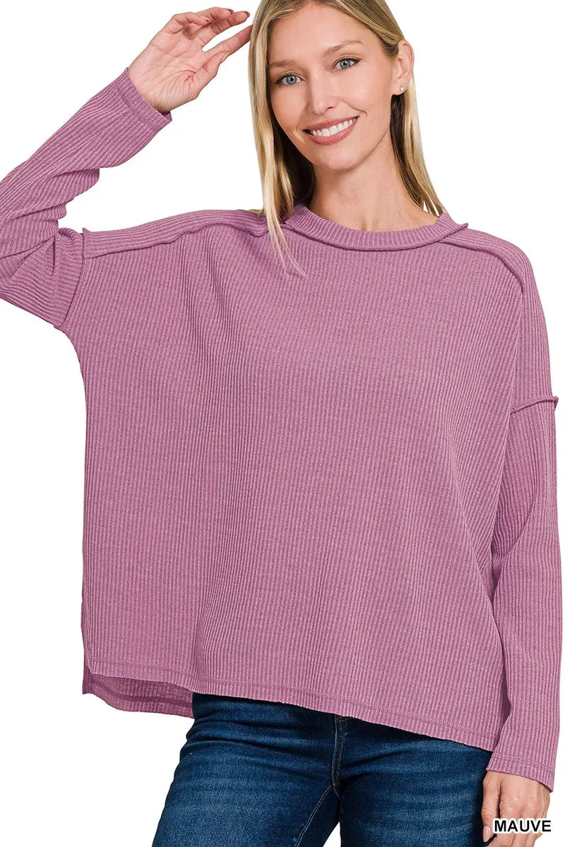Zenana Ribbed Drop Shoulder Round Neck Sweater