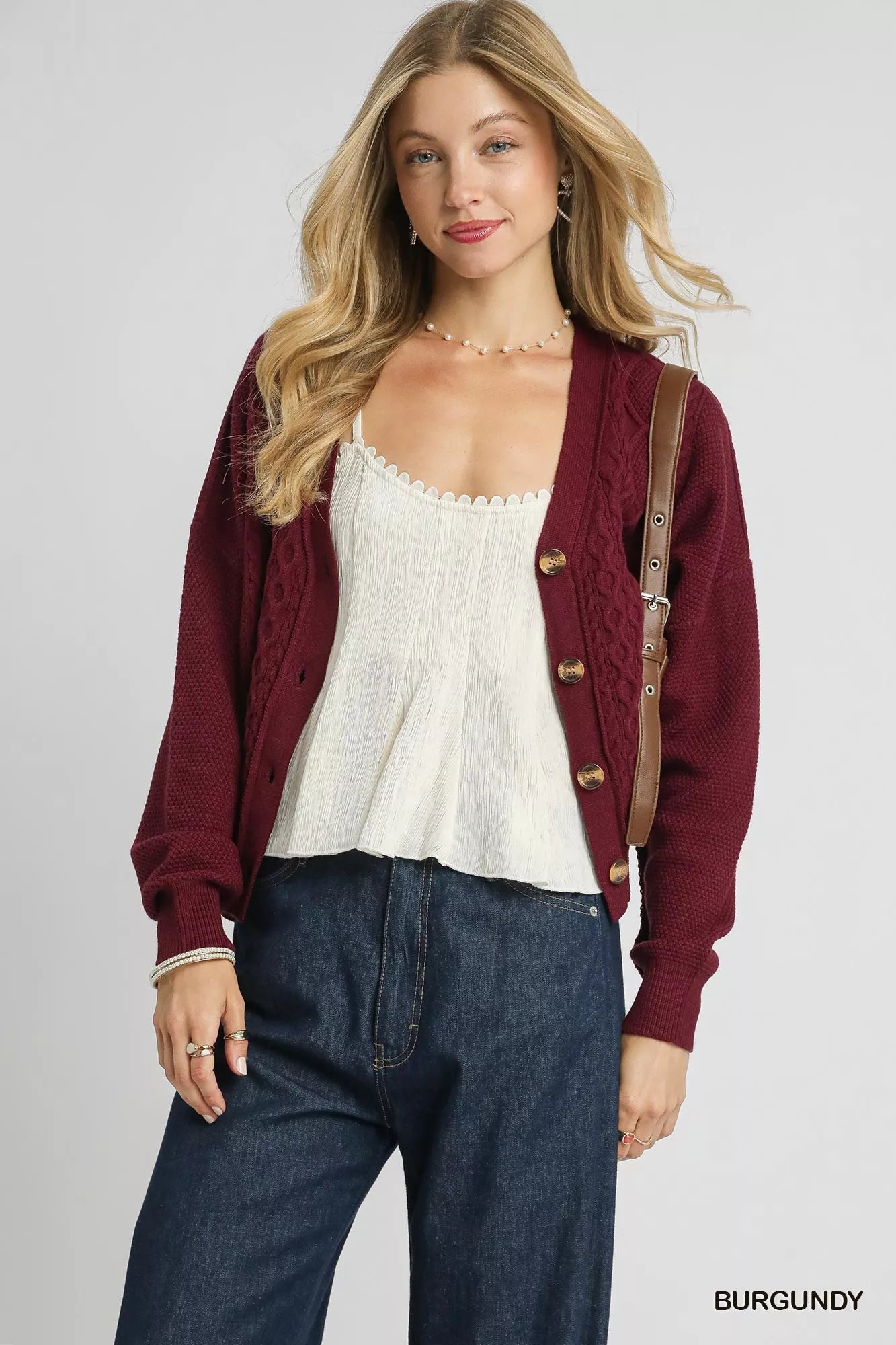 Umgee Chunky Cable Knit V-Neck Button-Up Cardigan