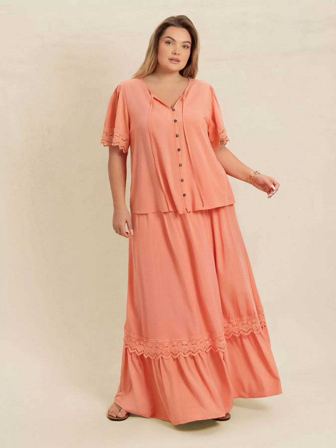 Plus Size Lace Detail Tie Neck Top and Skirt Set