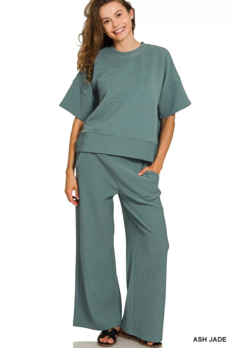 Zenana Ribbed Round Neck Tee & Pants Set