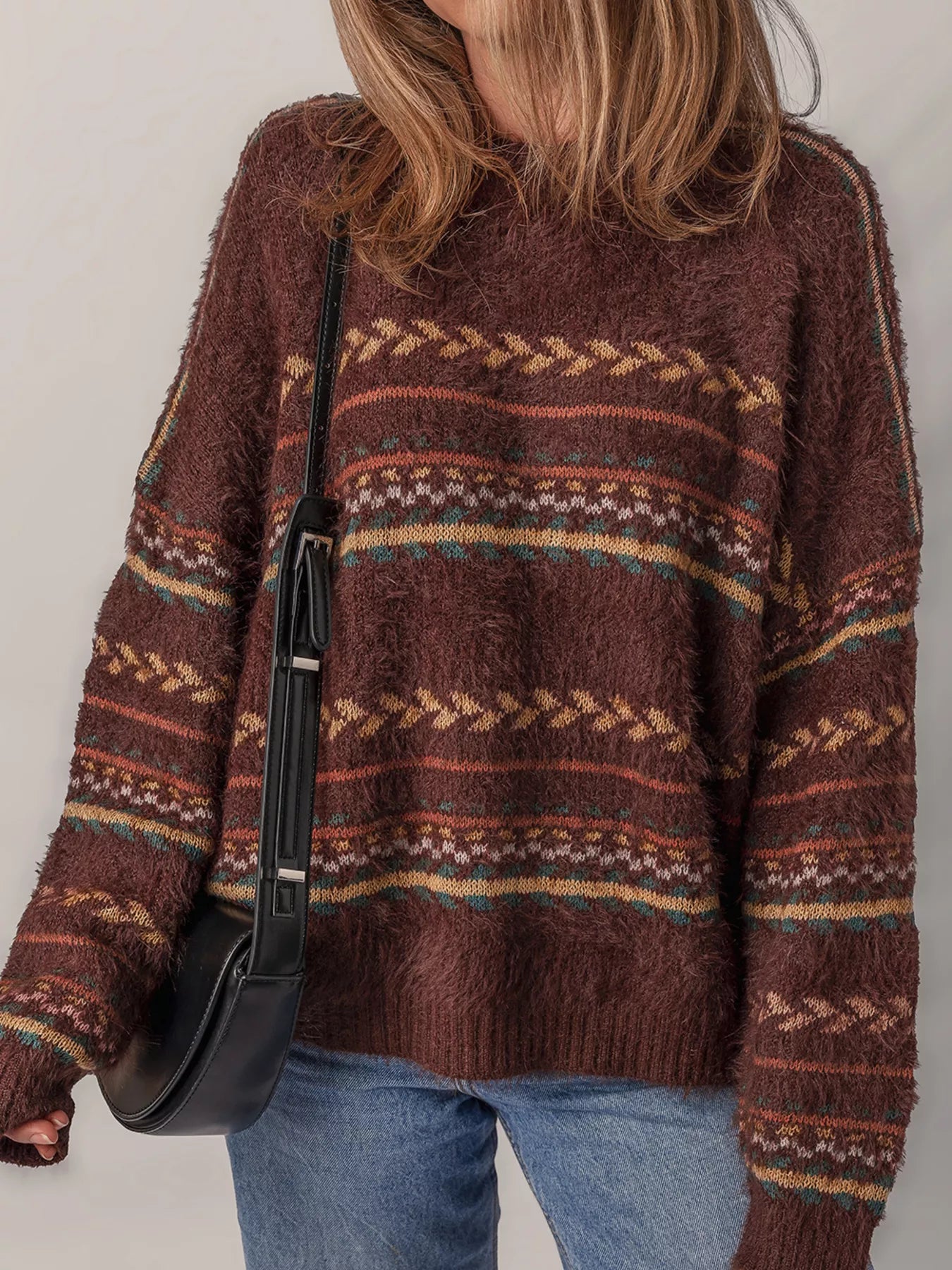 Ethnic Pattern Mohair Knitted Drop Shoulder Sweater