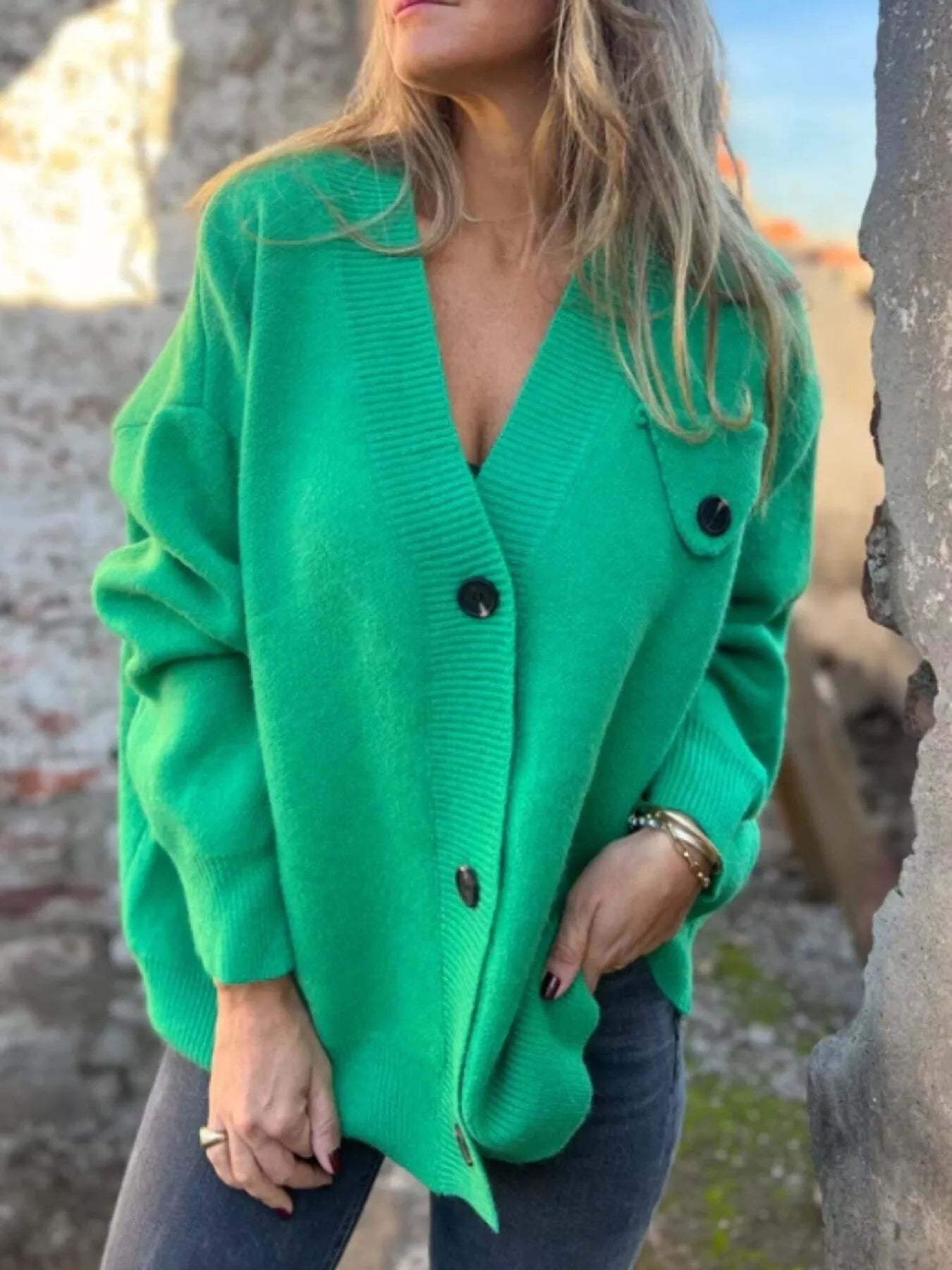 V-Neck Button-Up Oversized Sweater Cardigan