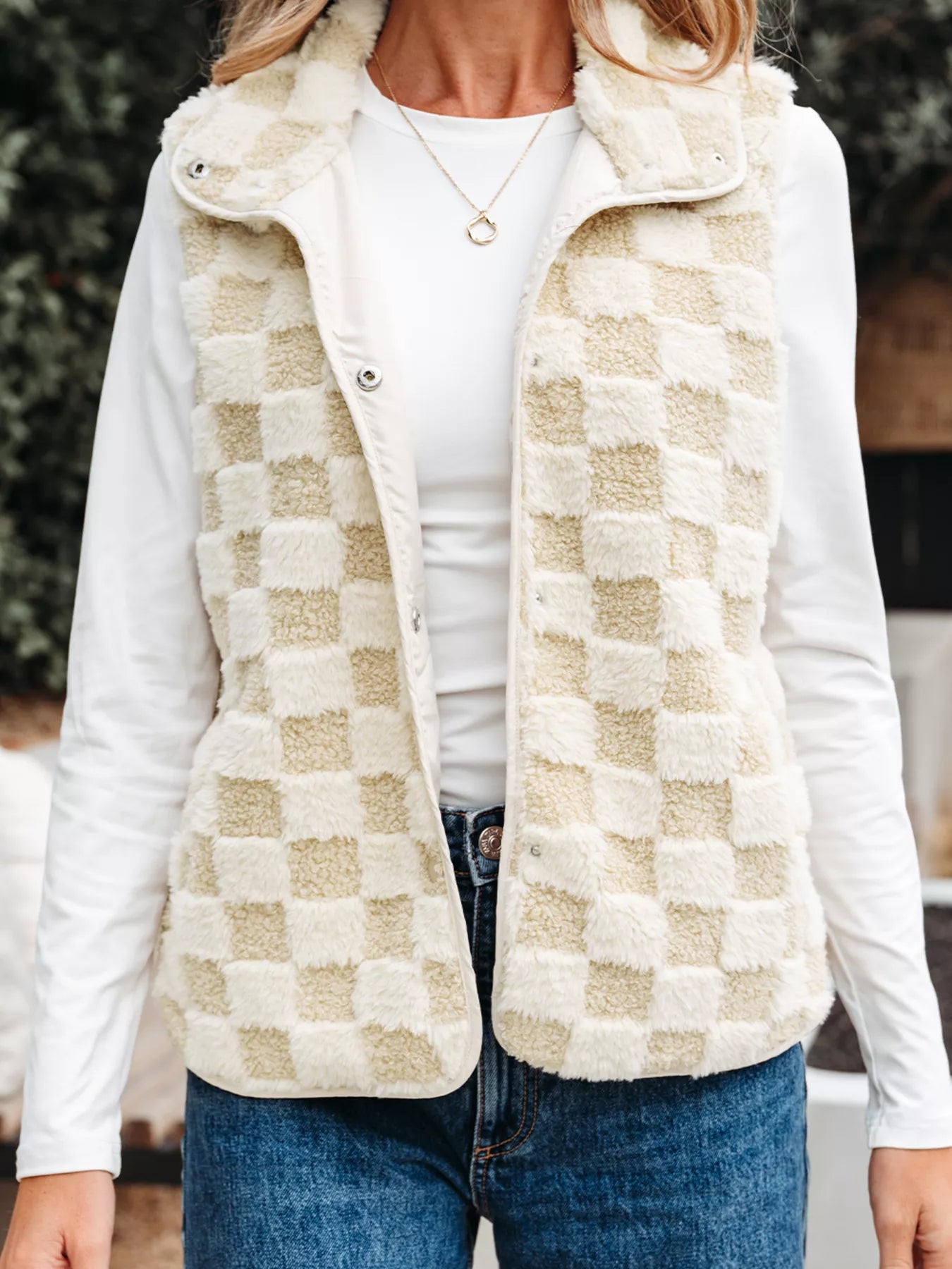 Sherpa Checkerboard Snap Button Vest Coat with Pocket