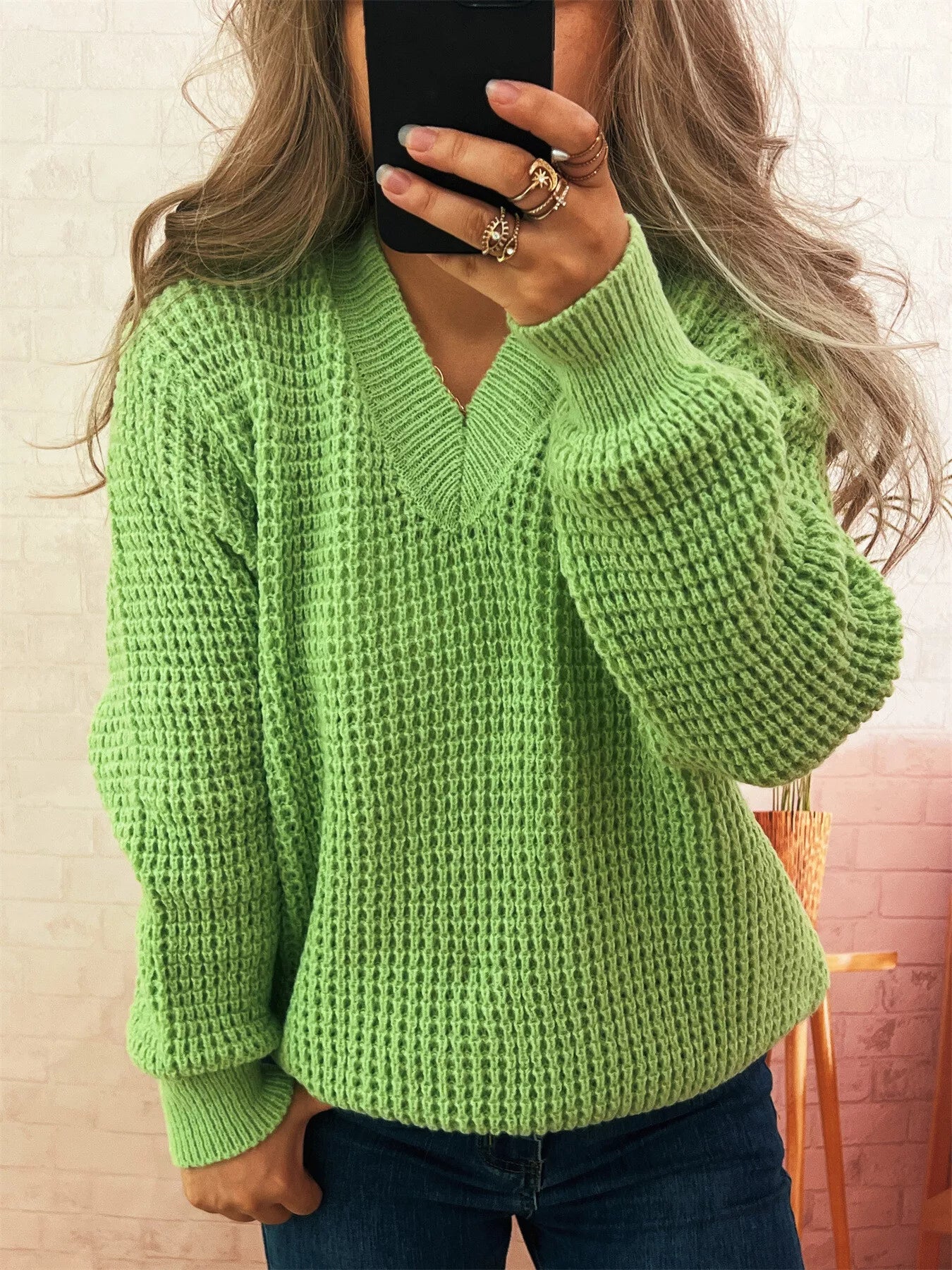 V-Neck Textured Knit Sweater
