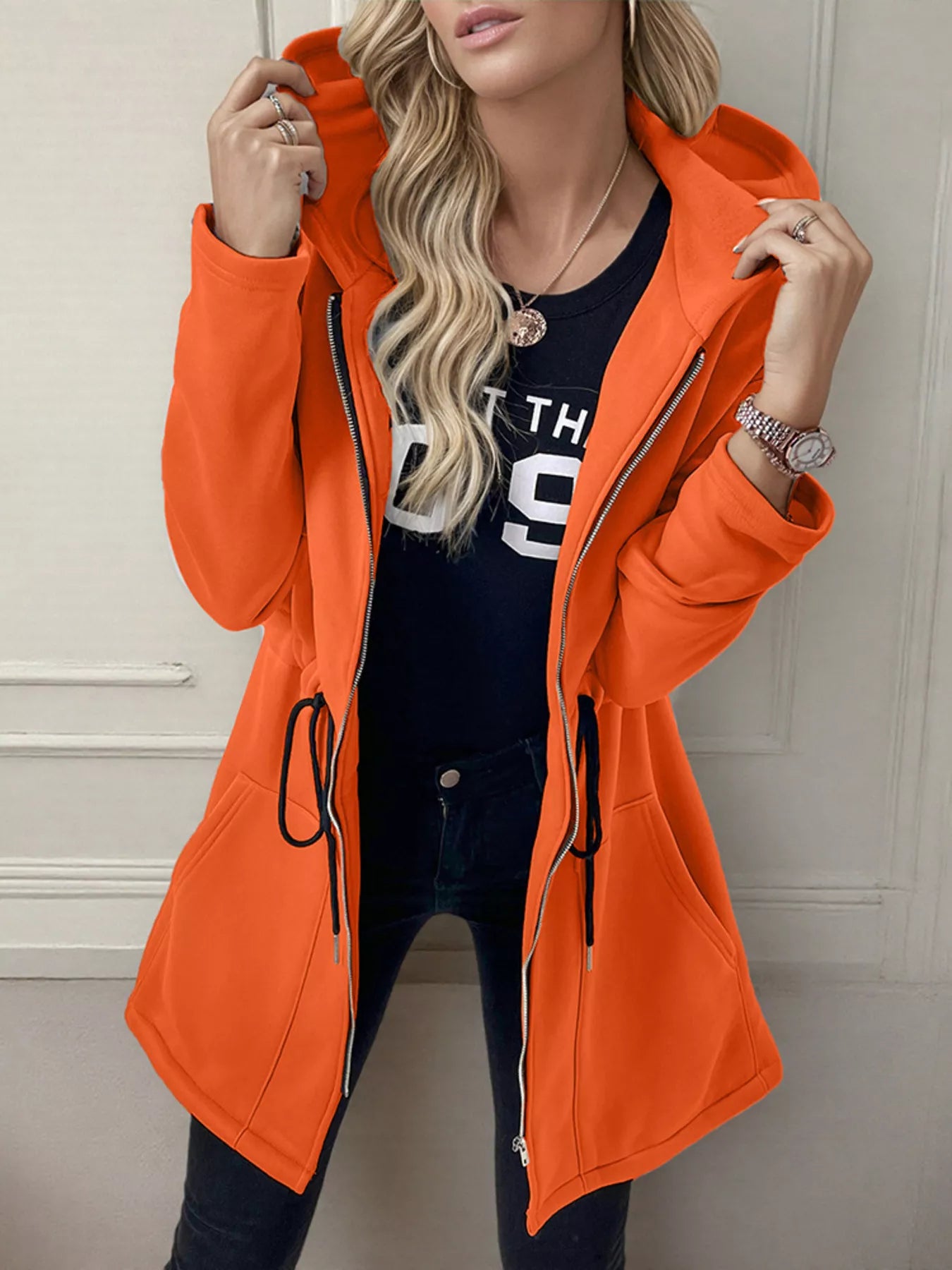 Drawstring Zip Up Hooded Outerwear
