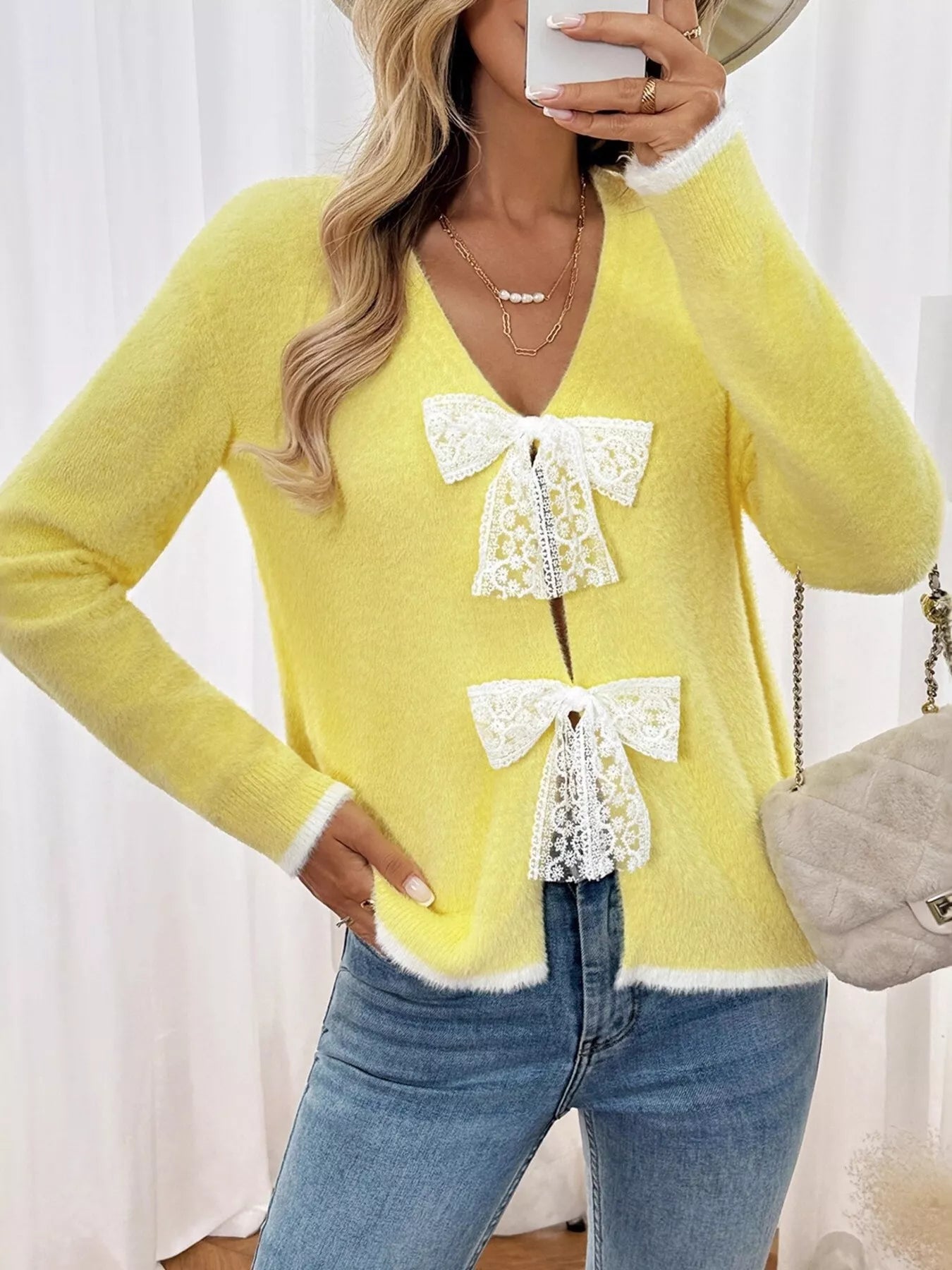Lace Bow-Tie Front Long Sleeve Cardigan