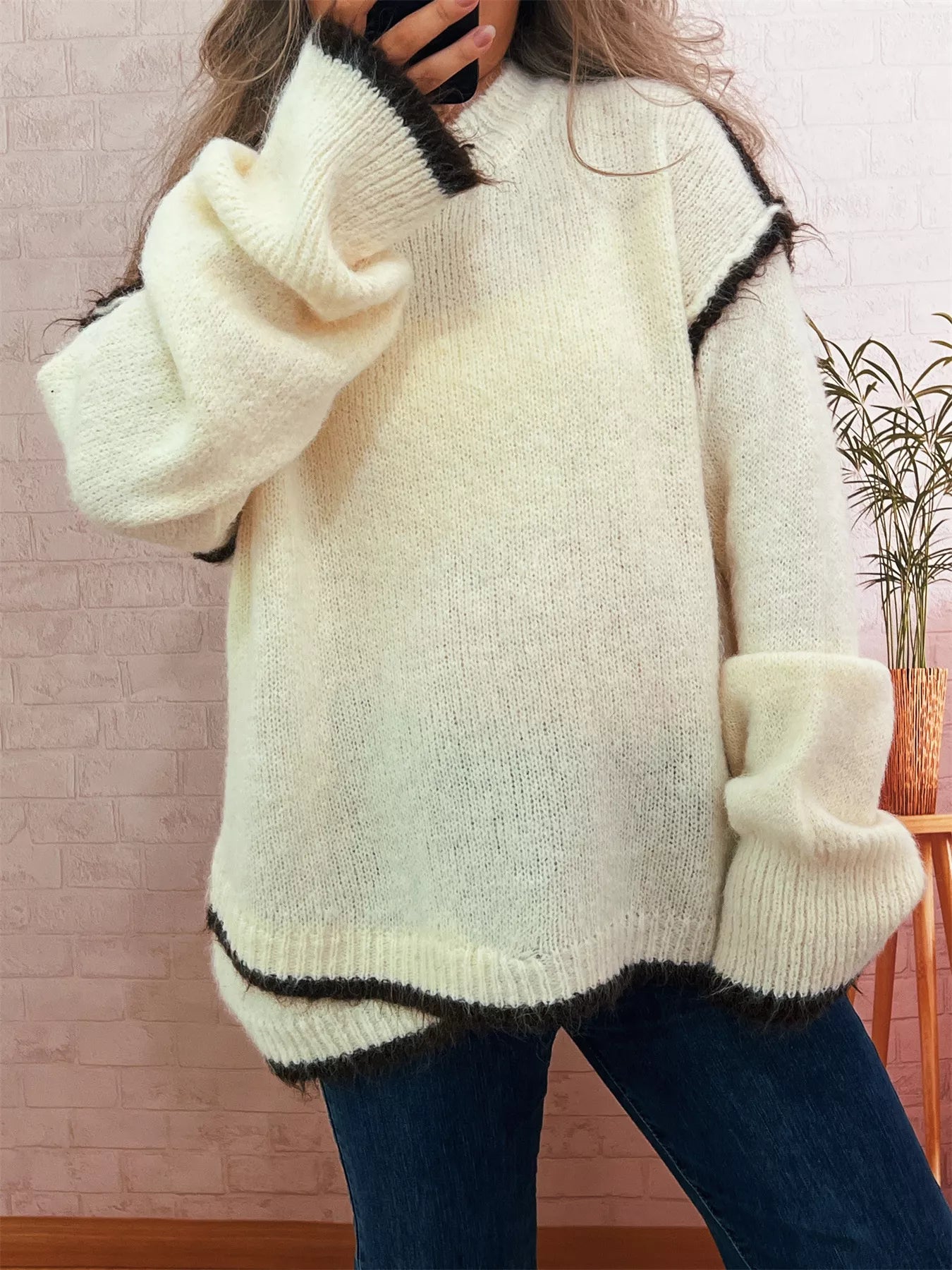 Contrast Trim Dropped Shoulder Sweater