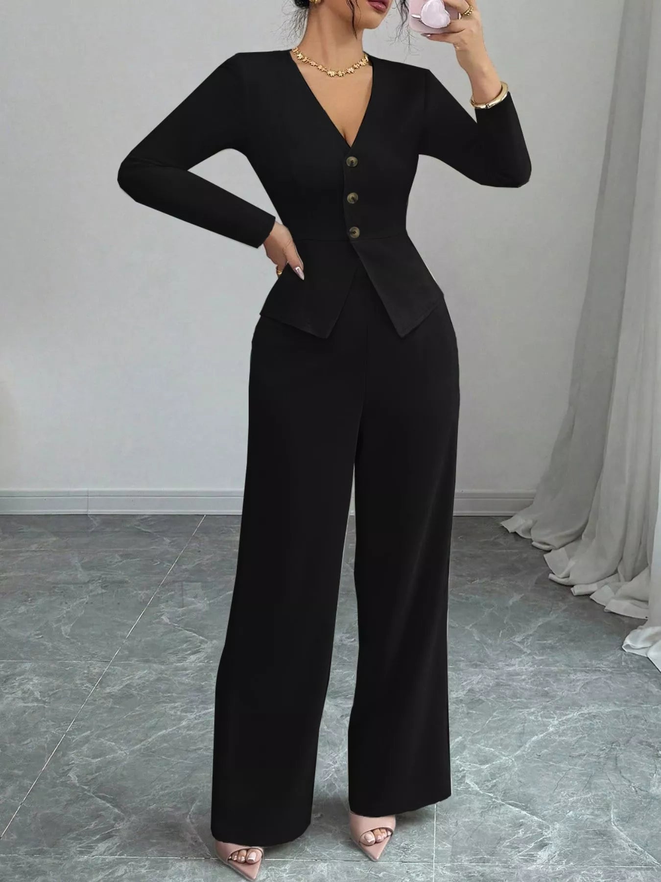 Button Up Long Sleeve Top and Pants Set
