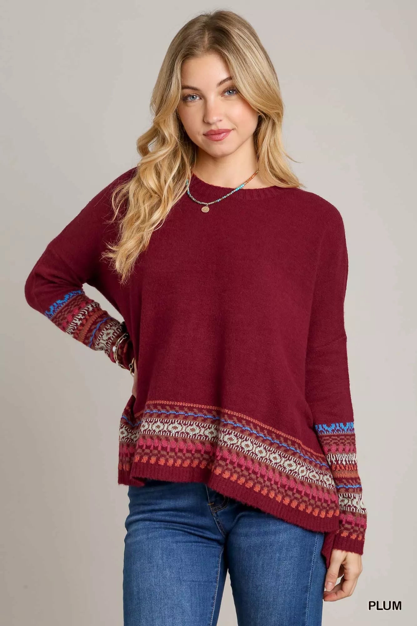 Umgee Long Sleeve Round Neck Knit Top with Side Slits and Stitch Detail
