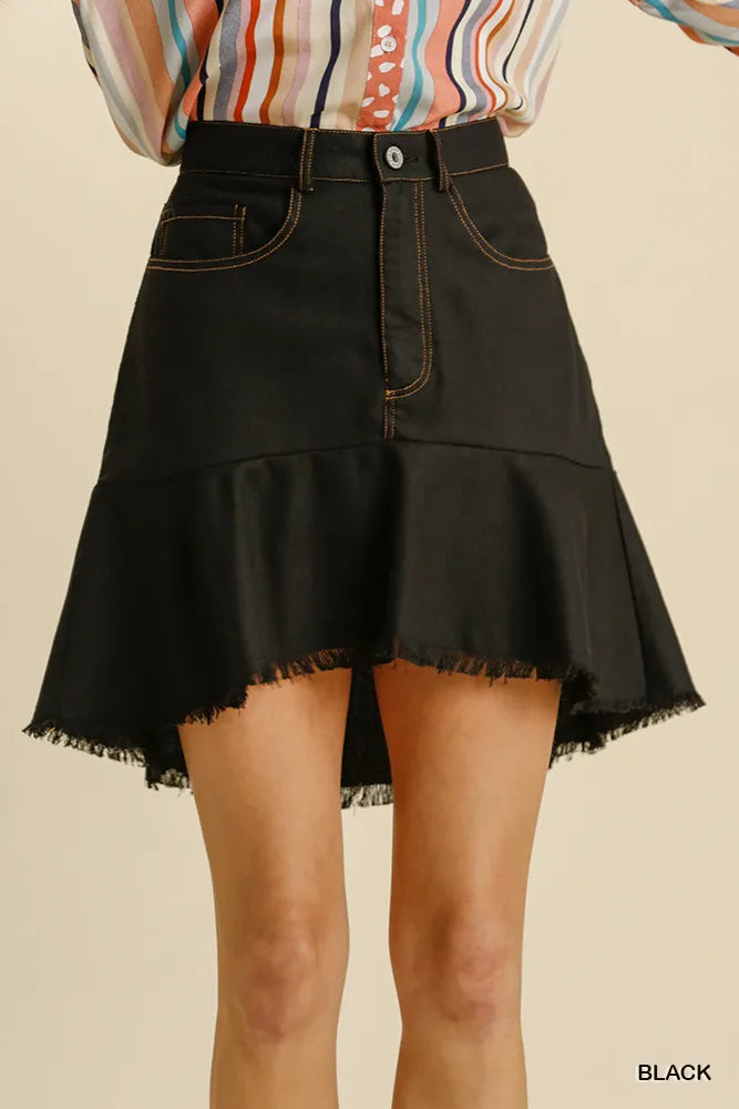 Umgee Linen Blend 5 Pockets High Low Skirt with Frayed Hem