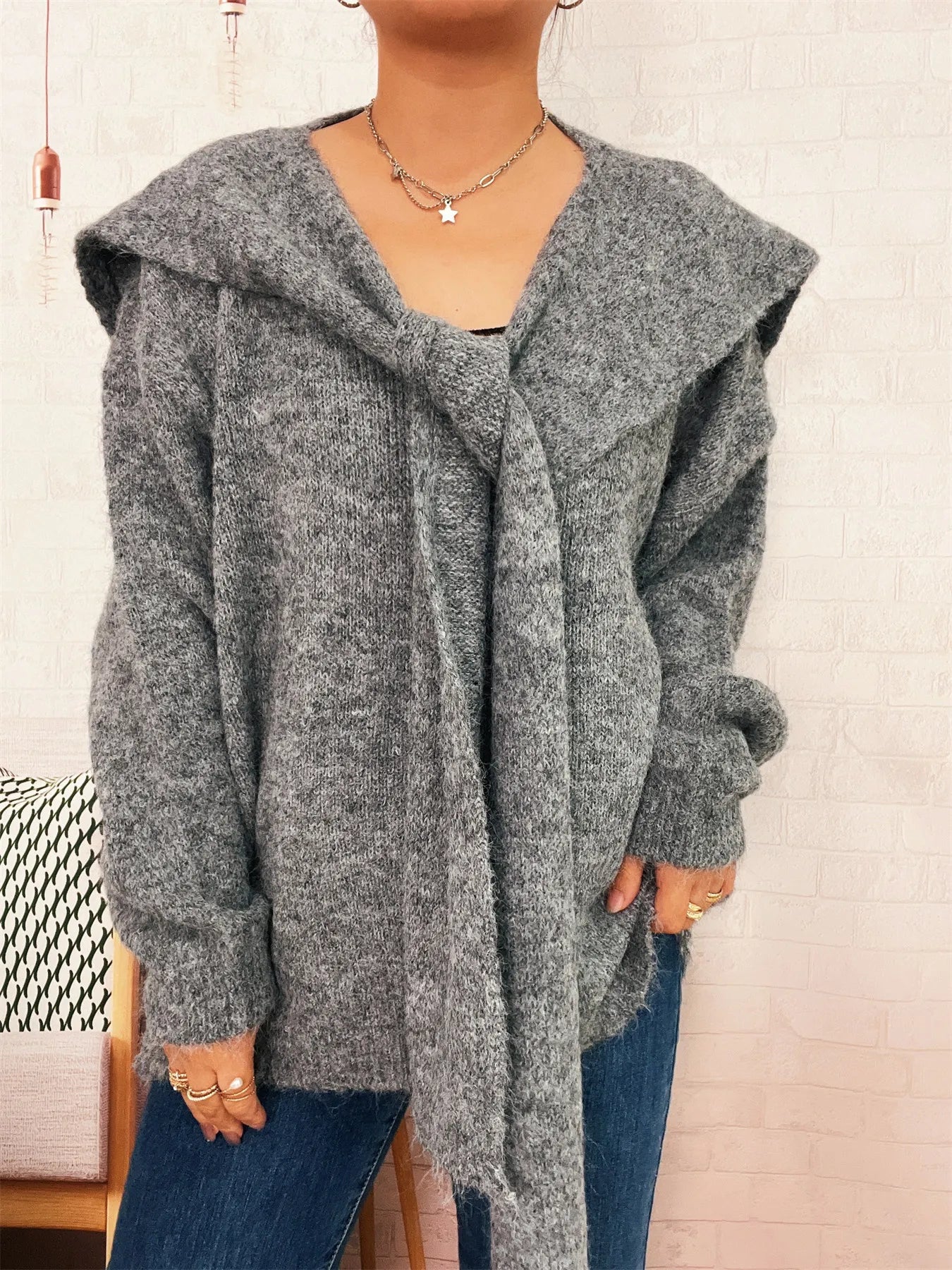 Ribbed Hem V-Neck Sweater with Shawl