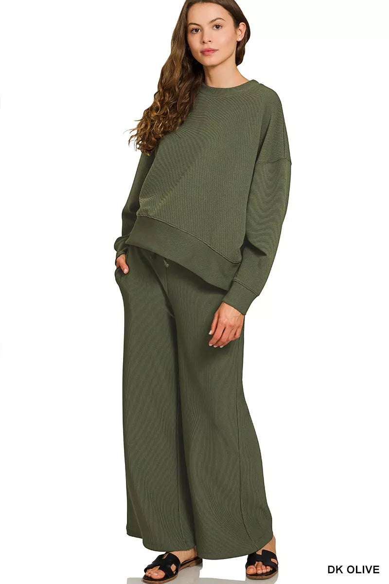 Zenana Ribbed Round Neck Pullover and Drawstring Pants Set