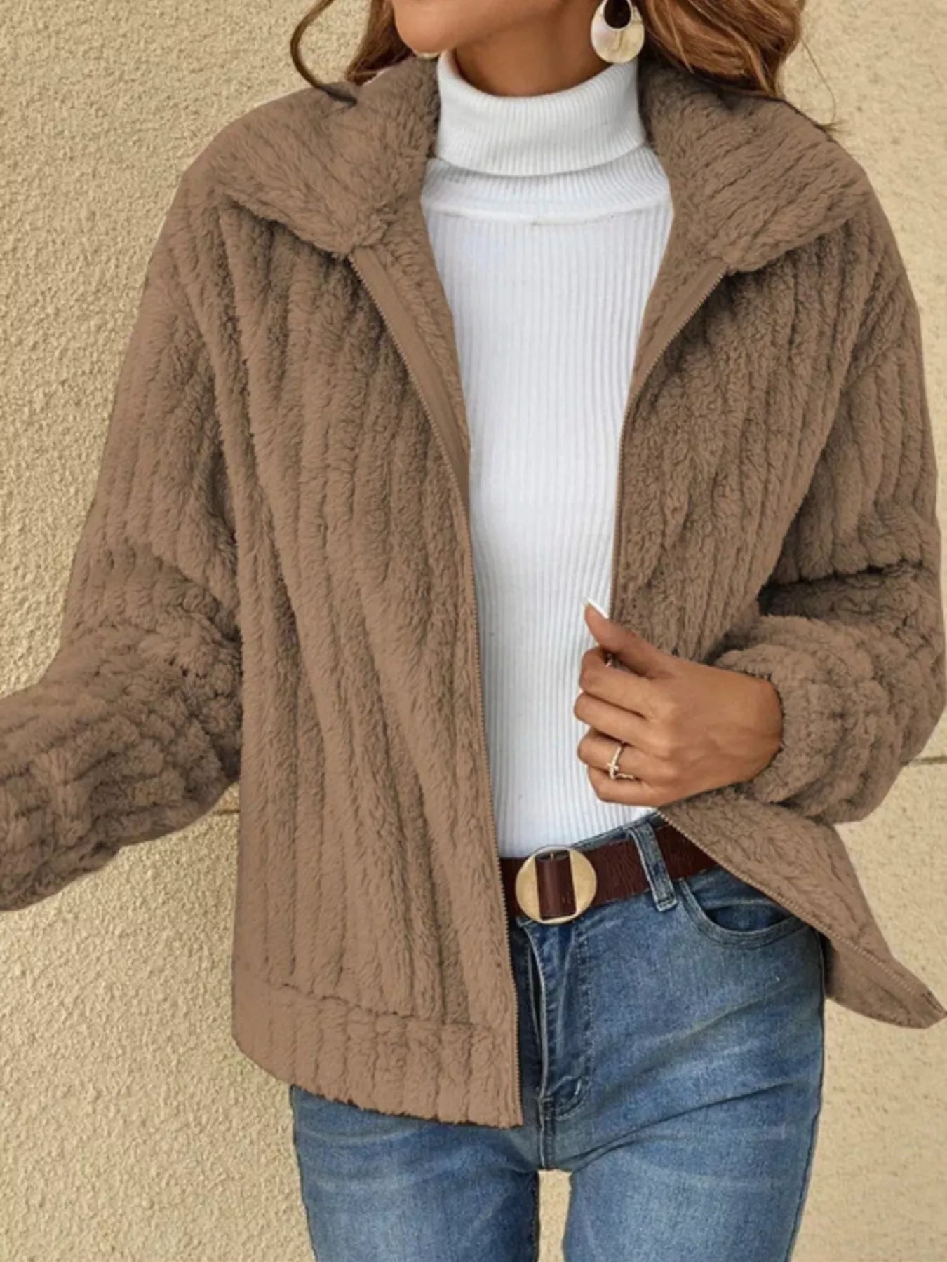 Full Size Zip-Up Long Sleeve Texture Jacket Plus Size