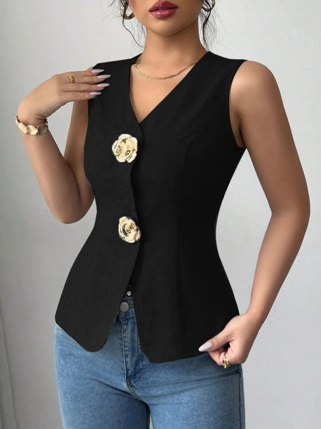 V-Neck Button Detail Tank Top