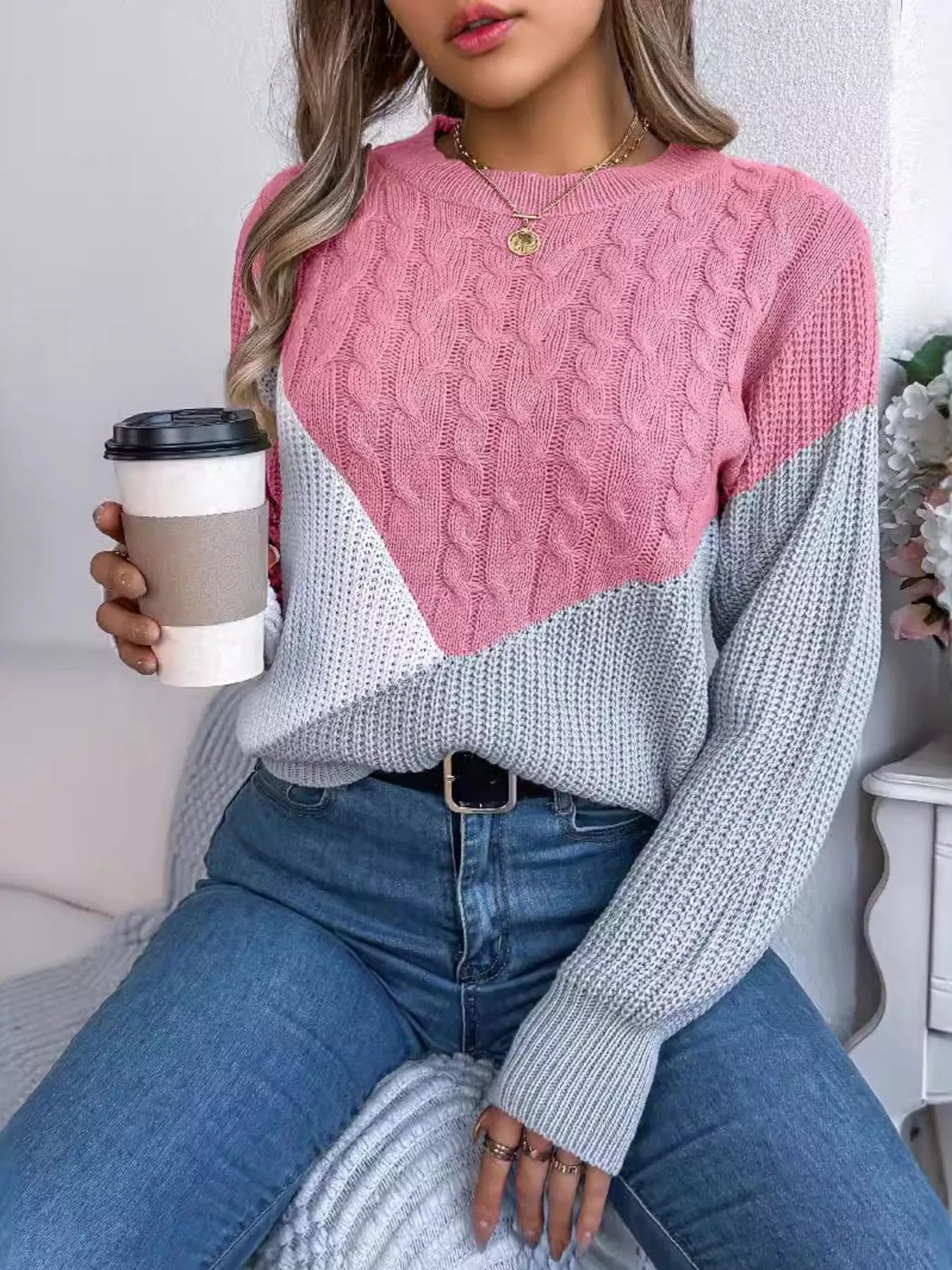 Color Block Cable Knit Long Sleeve Sweater