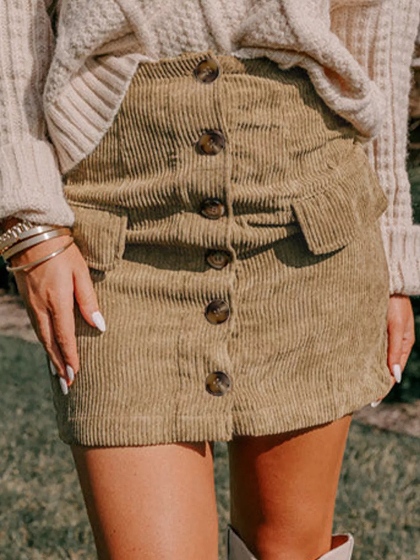 Corduroy Buttoned Front Mini Skirt