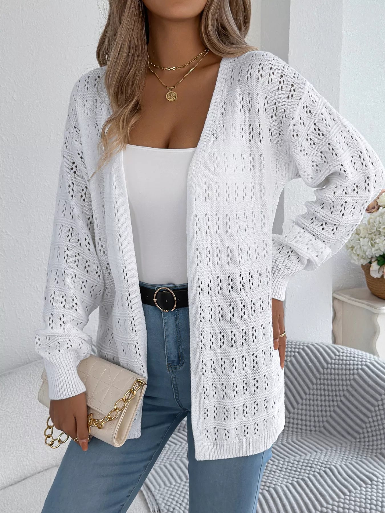 Open-Front Crochet Knit Cardigan