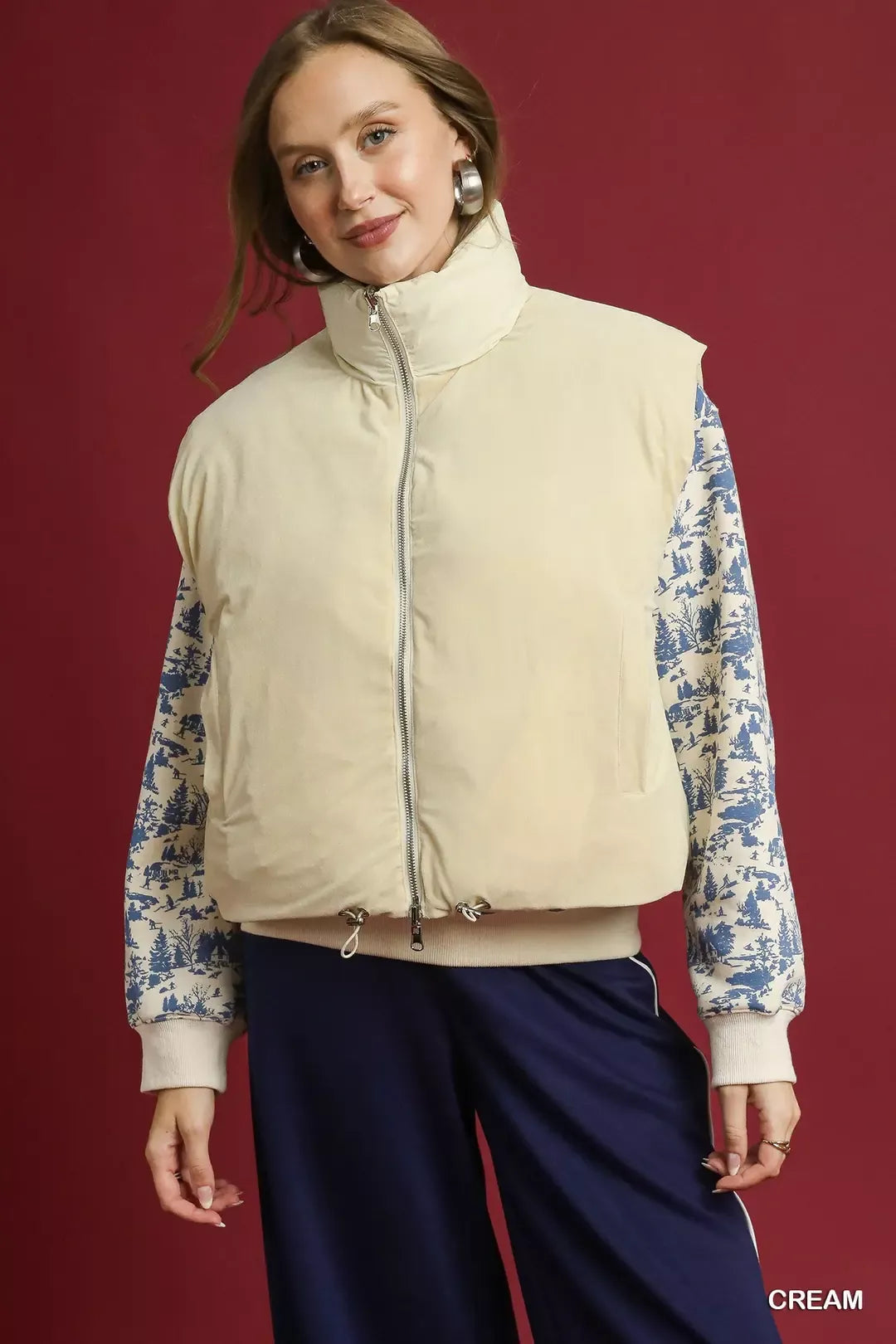 Umgee High Neck Puffer Vest with Zip Front
