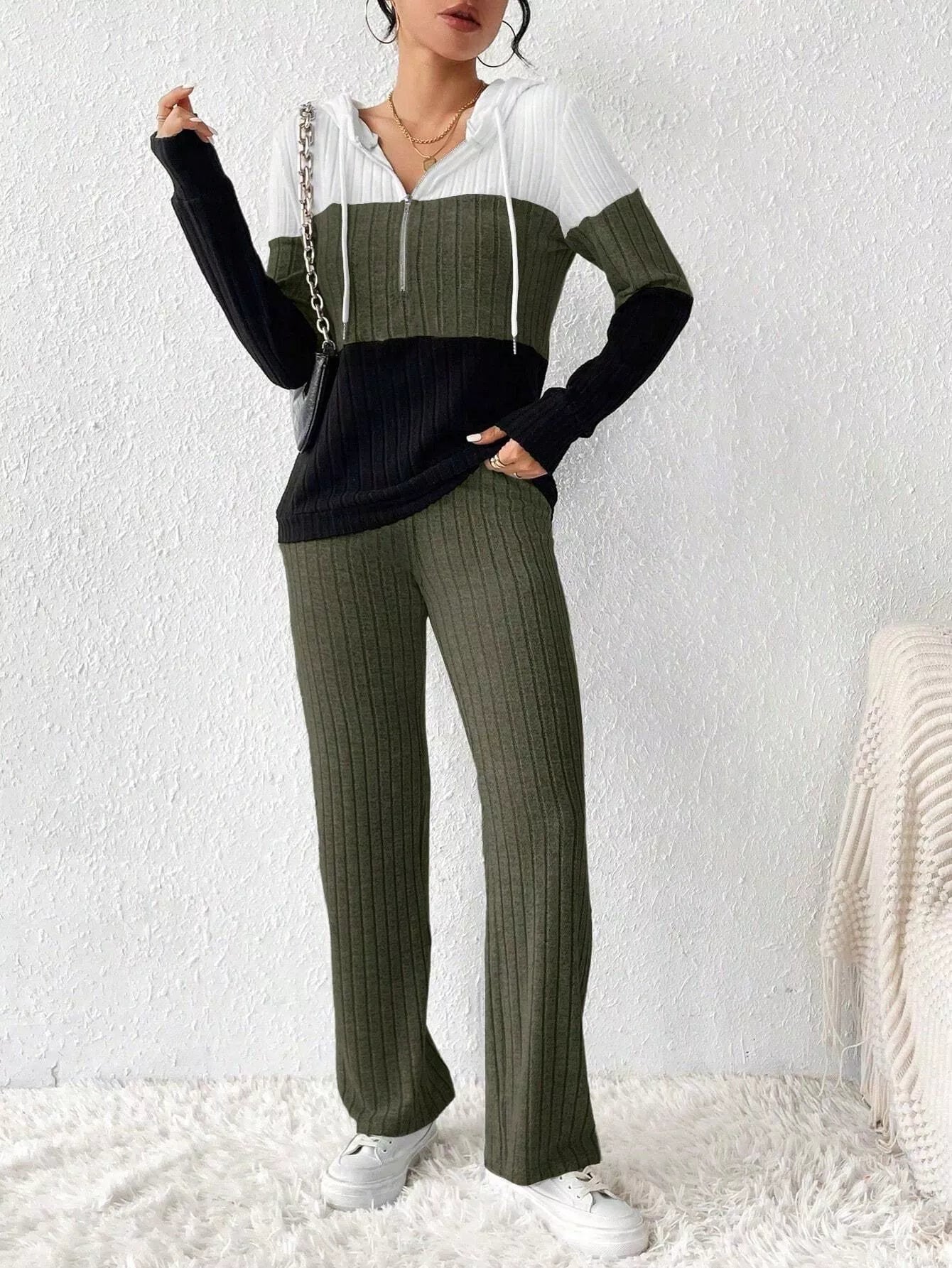 Color Block Half Zip Hooded Top and Pants Set