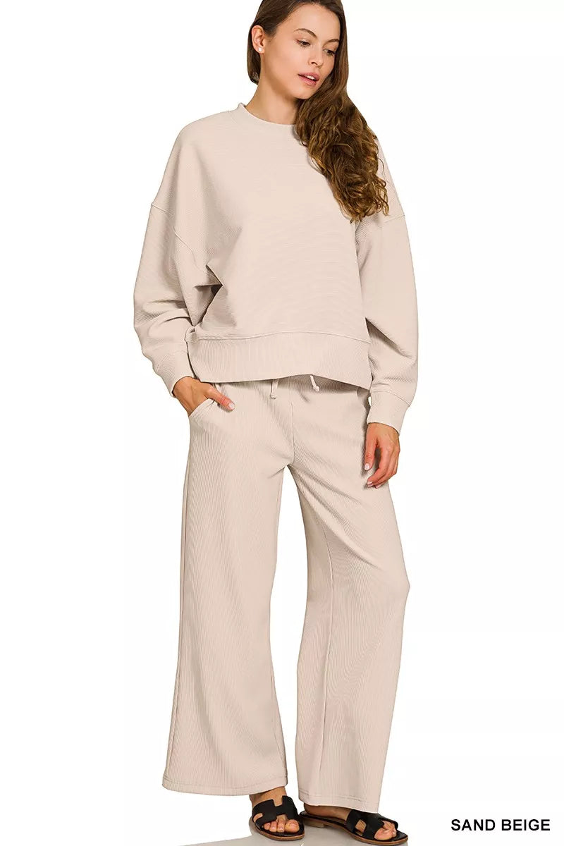 Zenana Ribbed Round Neck Pullover and Drawstring Pants Set