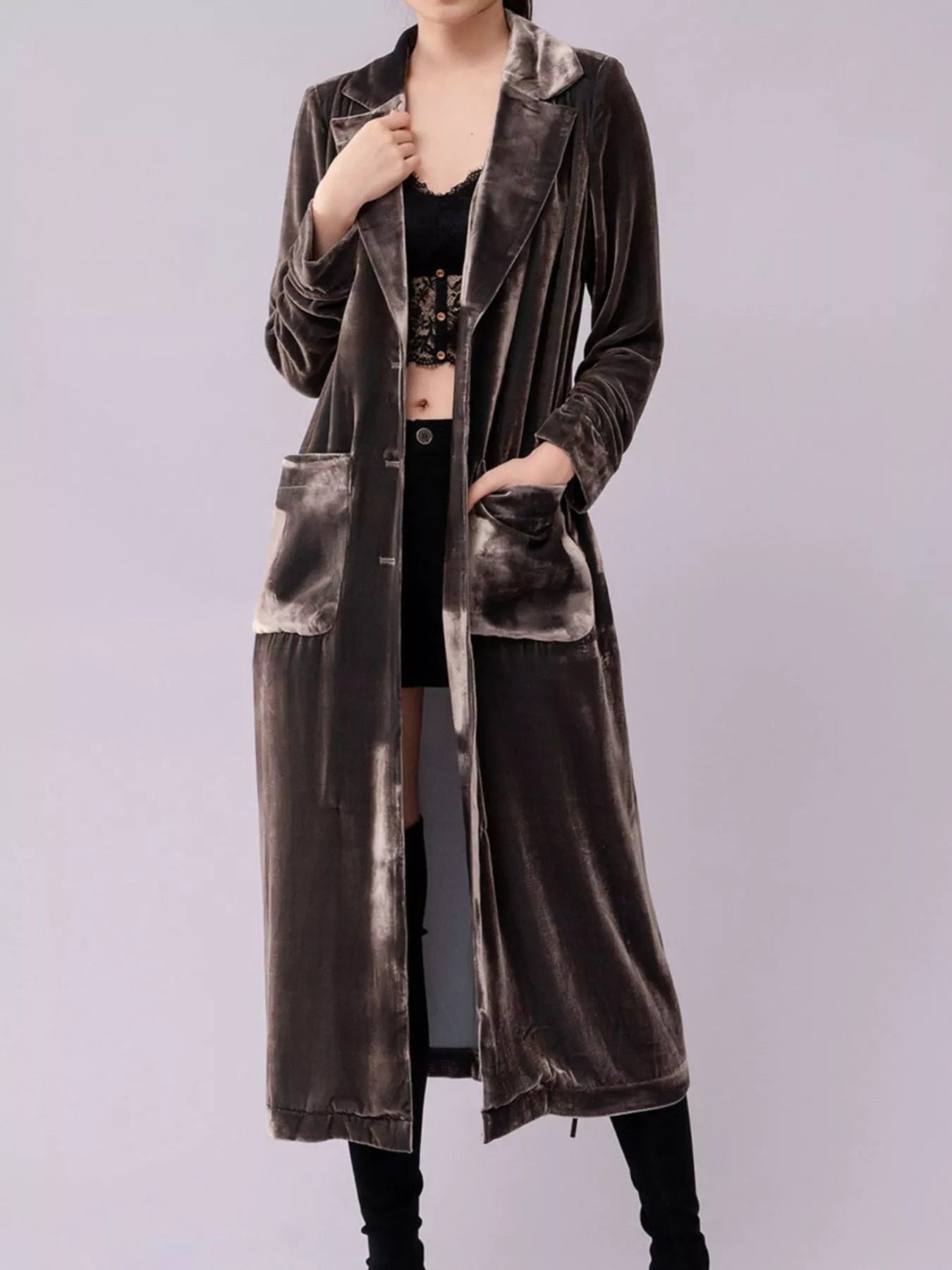 Velvet Lapel Collar Longline Coat