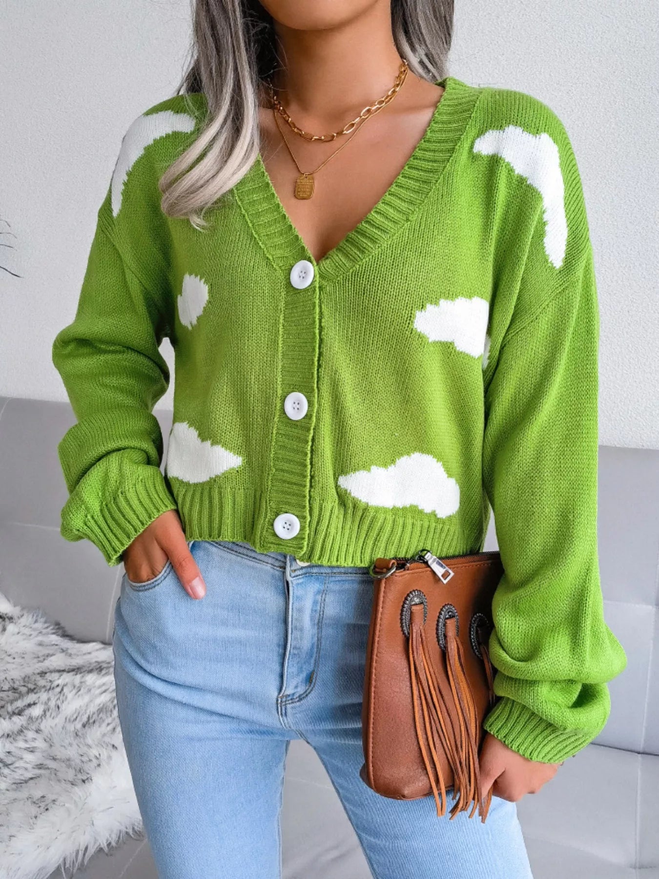 Cloud Pattern Button-Up Cropped Cardigan