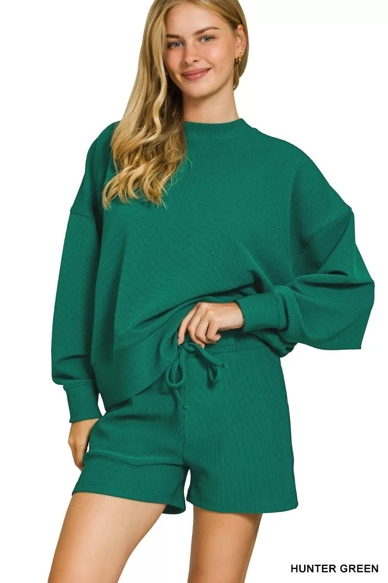 Zenana Ribbed Round Neck Pullover and Shorts Set