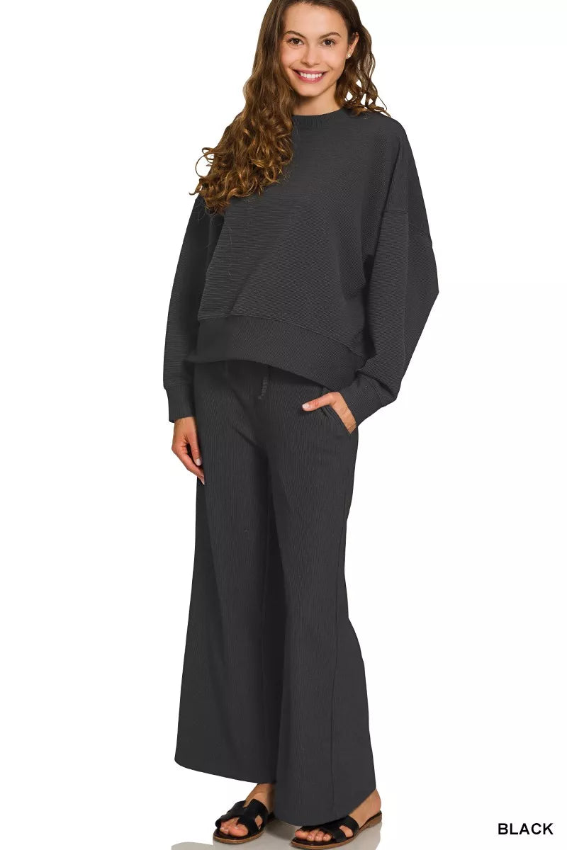 Zenana Ribbed Round Neck Pullover and Drawstring Pants Set