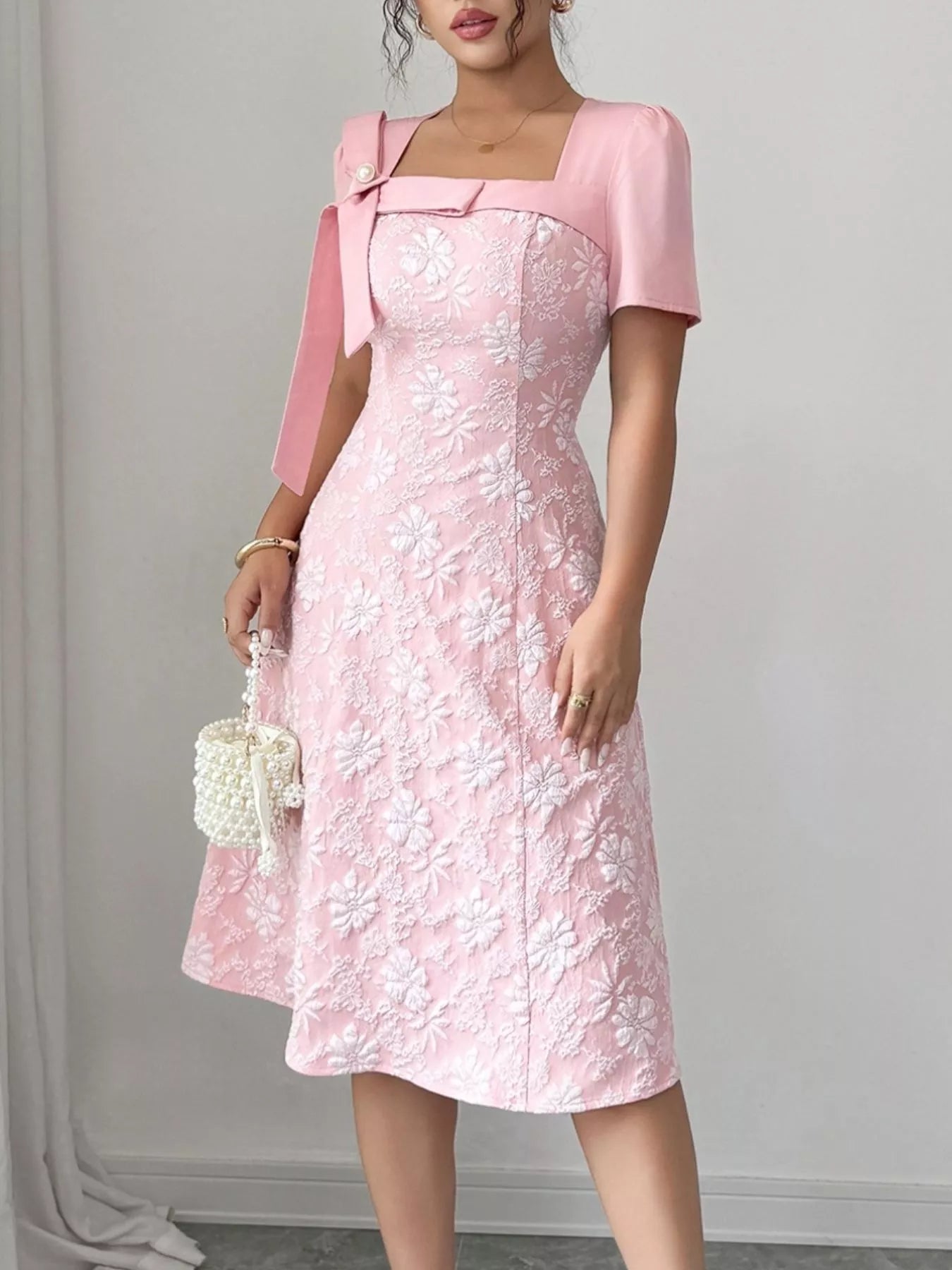 Bow Detail Square Neck Short Sleeve Dress