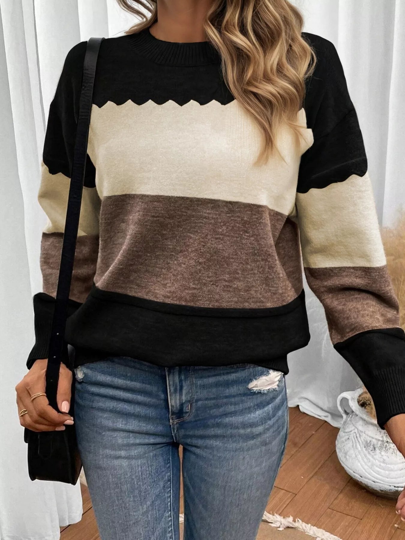 Color Block Crew Neck Drop Shoulder Sweater