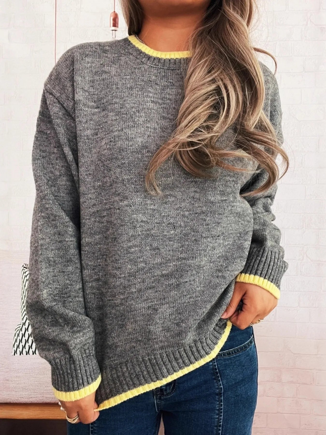 Ribbed Contrast Trim Long Sleeve Sweater
