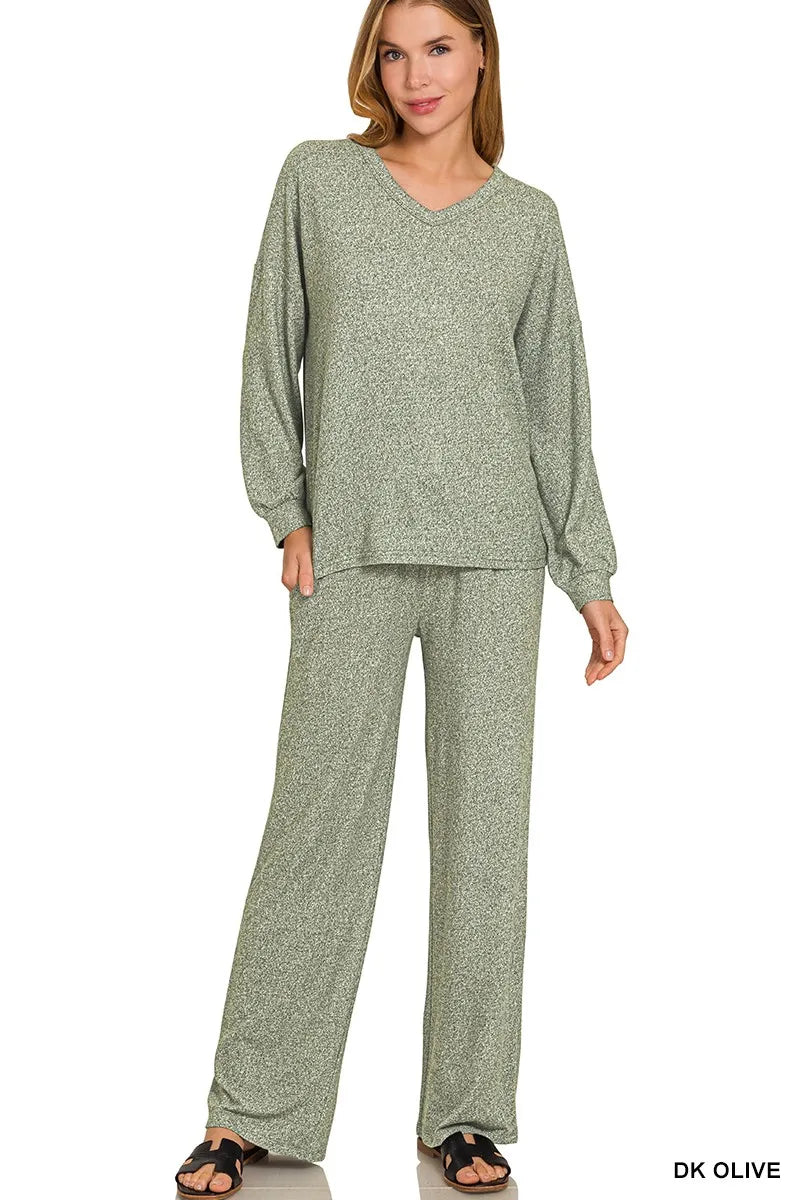 Zenana Soft Melange Long Sleeve Tee & Pants Set